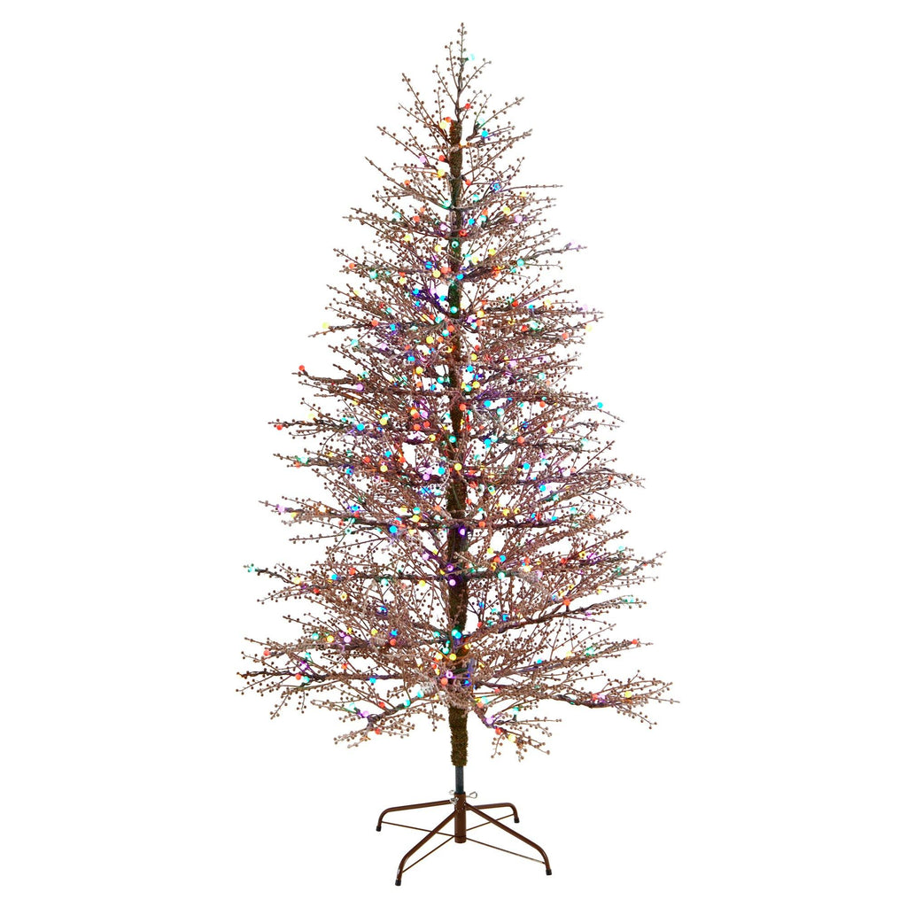 7' Frosted Berry Twig Christmas Tree with 450 Multicolored Gum Ball LED Lights and 1192 Bendable Branches