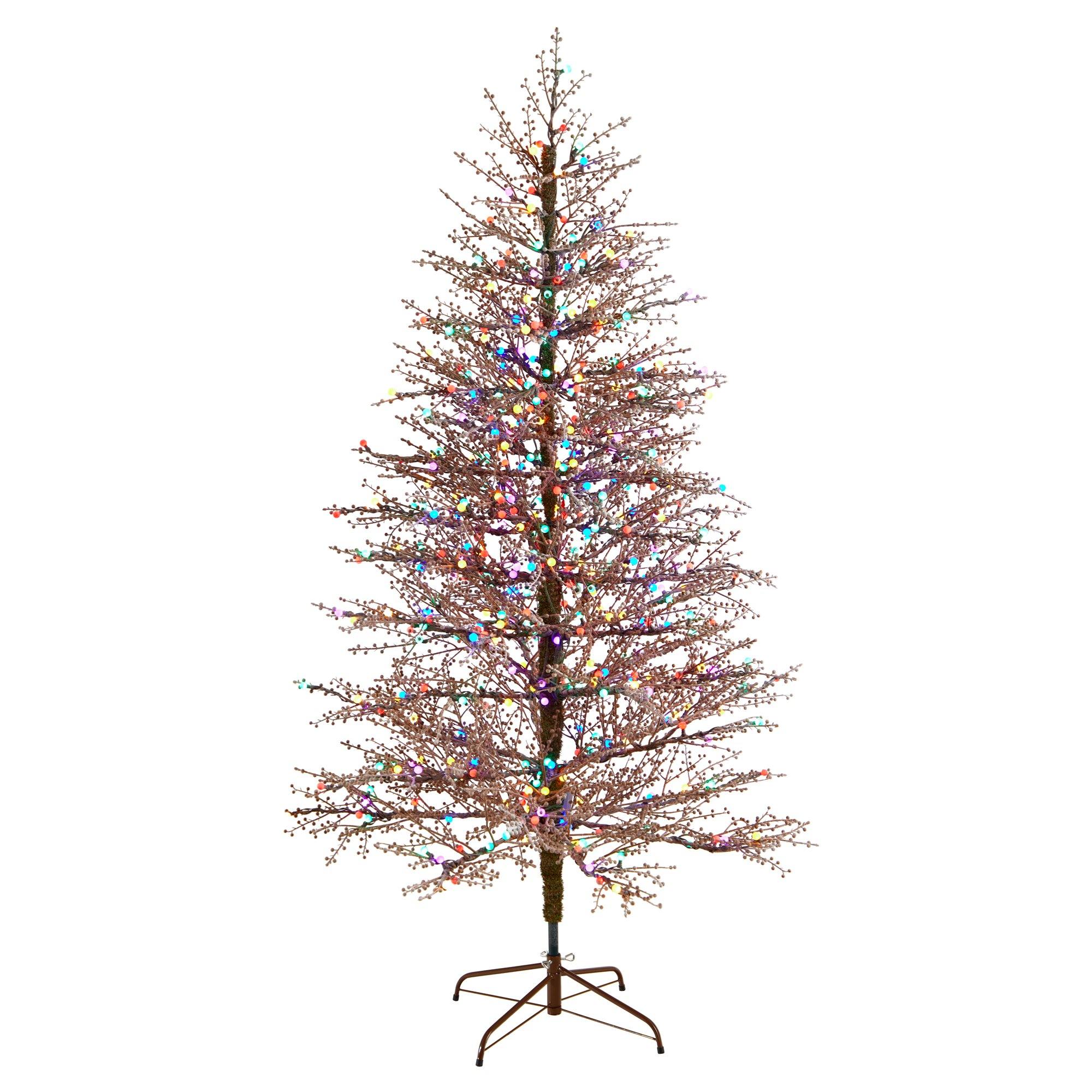 7' Frosted Berry Twig Christmas Tree with 450 Multicolored Gum Ball LED Lights and 1192 Bendable Branches