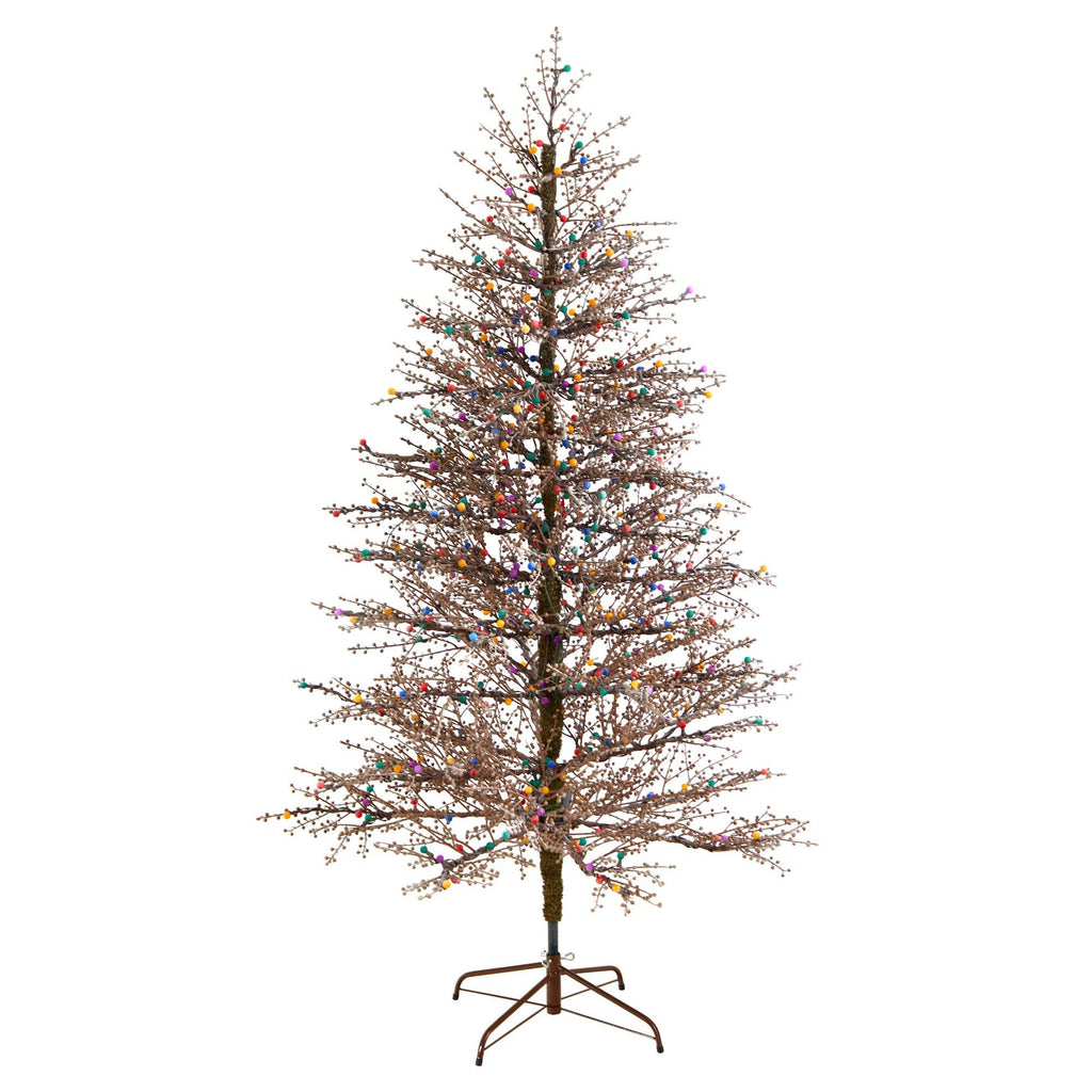 7' Frosted Berry Twig Christmas Tree with 450 Multicolored Gum Ball LED Lights and 1192 Bendable Branches