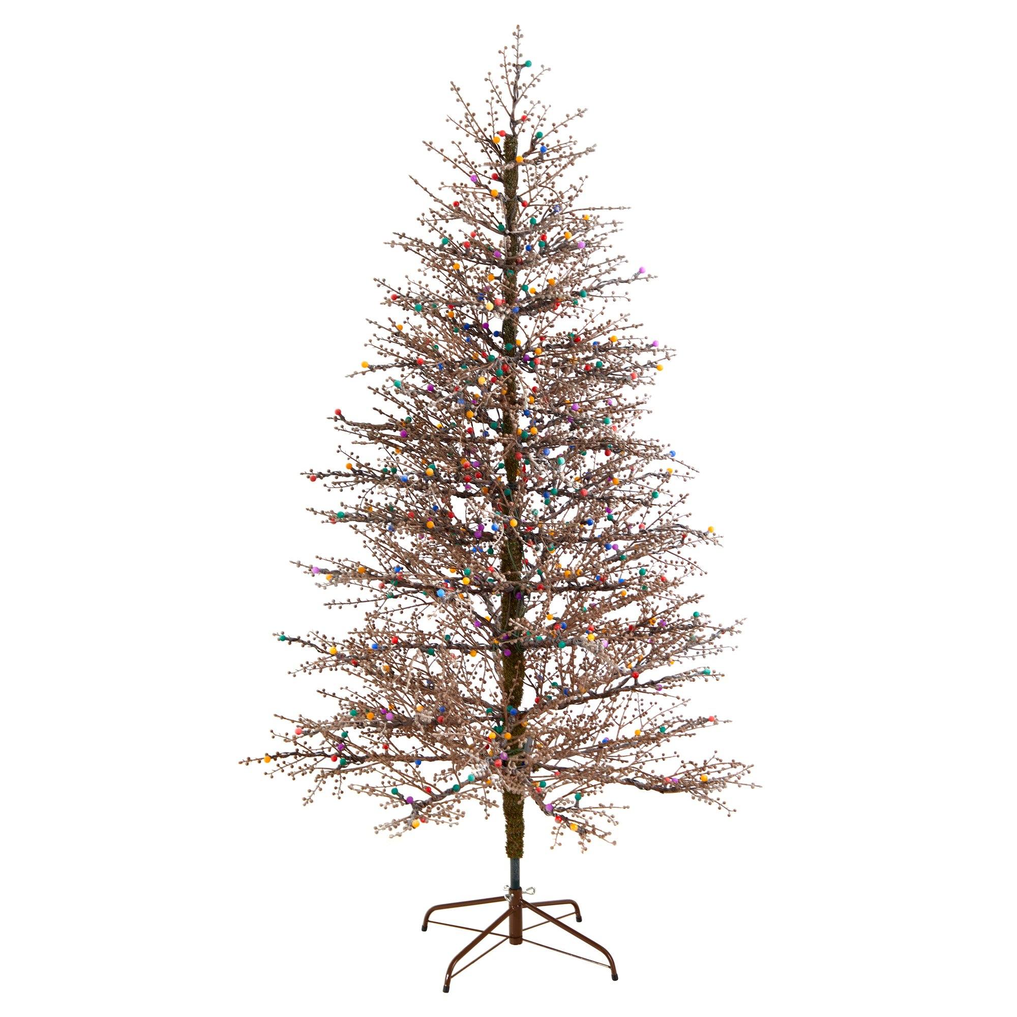 7' Frosted Berry Twig Christmas Tree with 450 Multicolored Gum Ball LED Lights and 1192 Bendable Branches