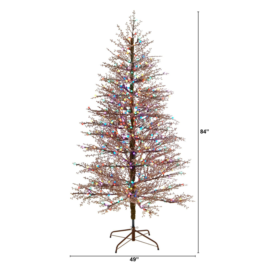 7' Frosted Berry Twig Christmas Tree with 450 Multicolored Gum Ball LED Lights and 1192 Bendable Branches