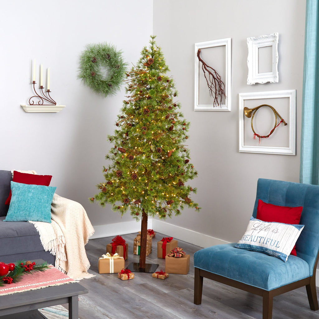 7' Wyoming Alpine Artificial Christmas Tree with 200 Clear (multifunction) LED Lights and Pine Cones on Natural Trunk