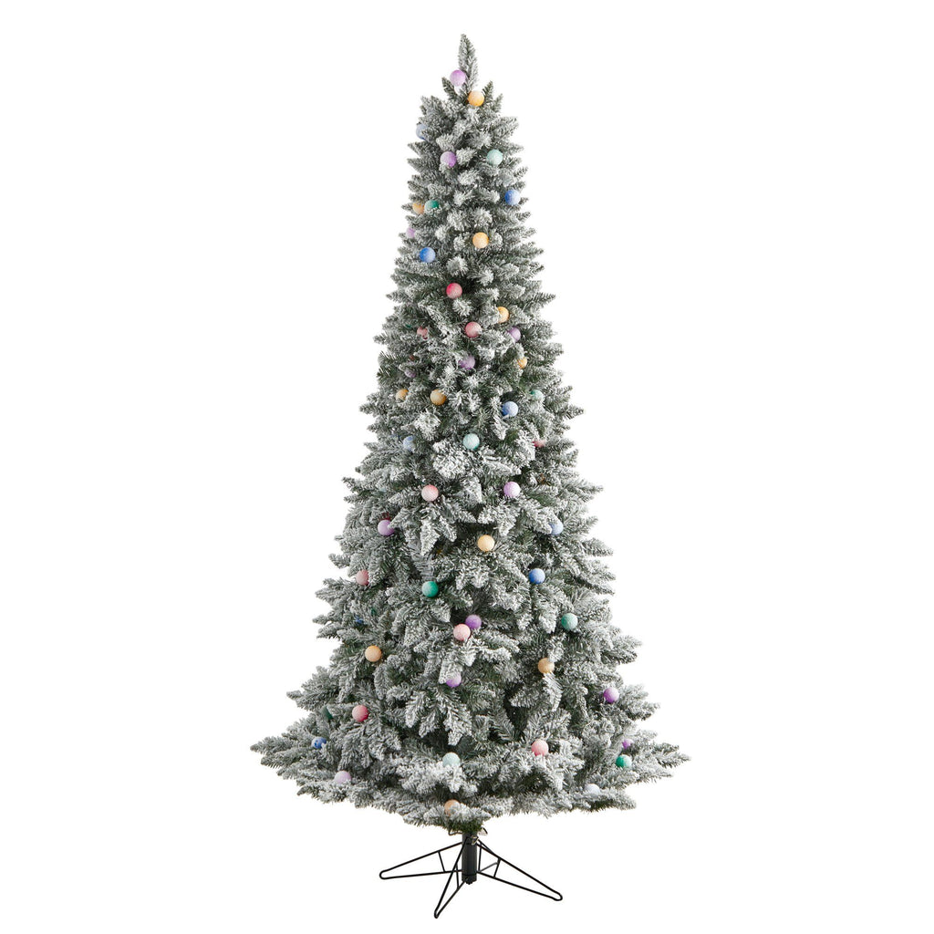 7.5' Flocked British Columbia Mountain Fir Artificial Christmas Tree with 95 Multi Color Globe Bulbs and 1113 Branches