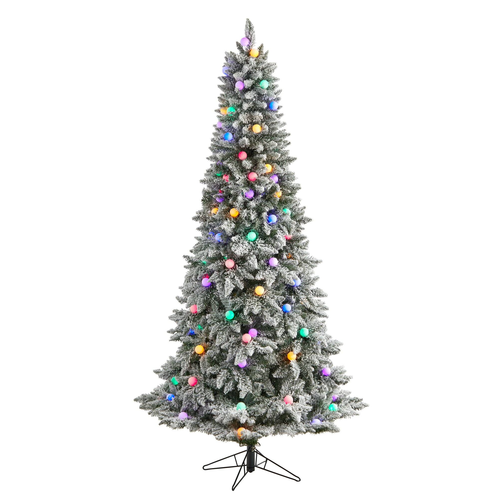 7.5' Flocked British Columbia Mountain Fir Artificial Christmas Tree with 95 Multi Color Globe Bulbs and 1113 Branches