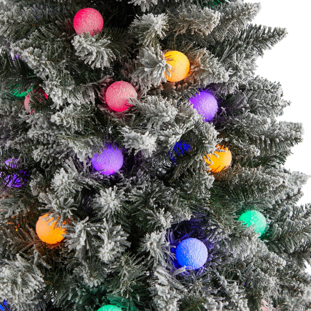 7.5' Flocked British Columbia Mountain Fir Artificial Christmas Tree with 95 Multi Color Globe Bulbs and 1113 Branches