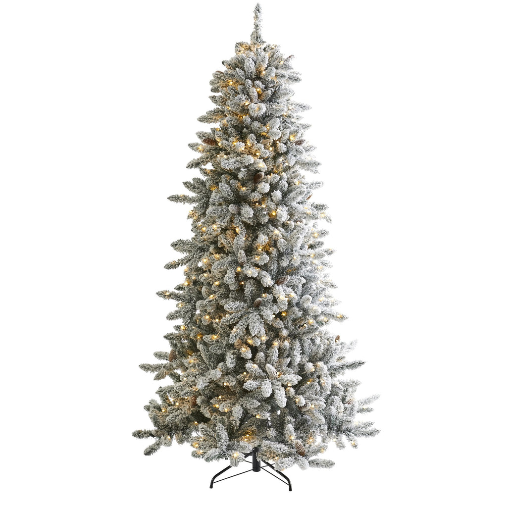 7.5’ Flocked Livingston Fir Artificial Christmas Tree with Pine Cones and 500 Warm LED Lights