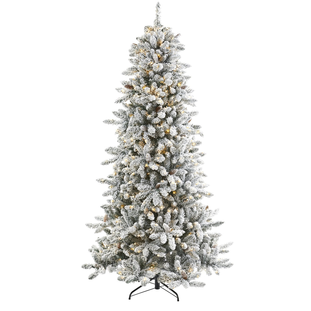 7.5’ Flocked Livingston Fir Artificial Christmas Tree with Pine Cones and 500 Warm LED Lights