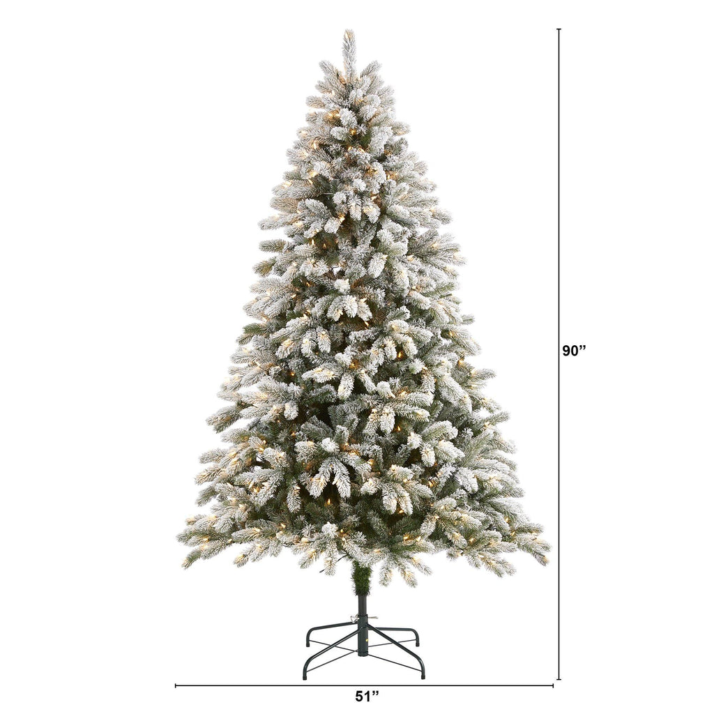 7.5’ Flocked South Carolina Spruce Artificial Christmas Tree with 600 Clear Lights and 1537 Bendable Branches