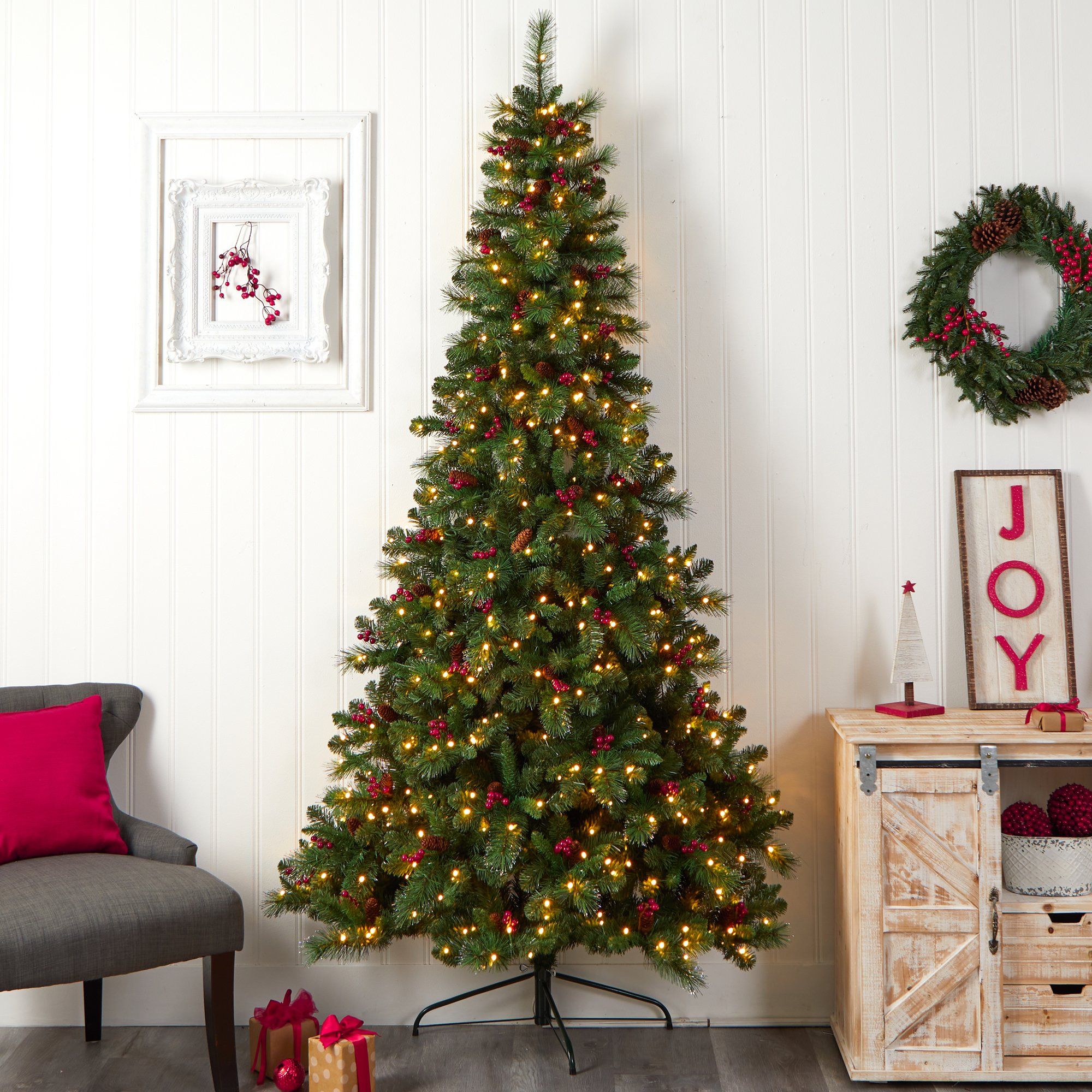 8’ Flat Back Montreal Mountain Artificial Christmas Tree with Pine Cones and Berries