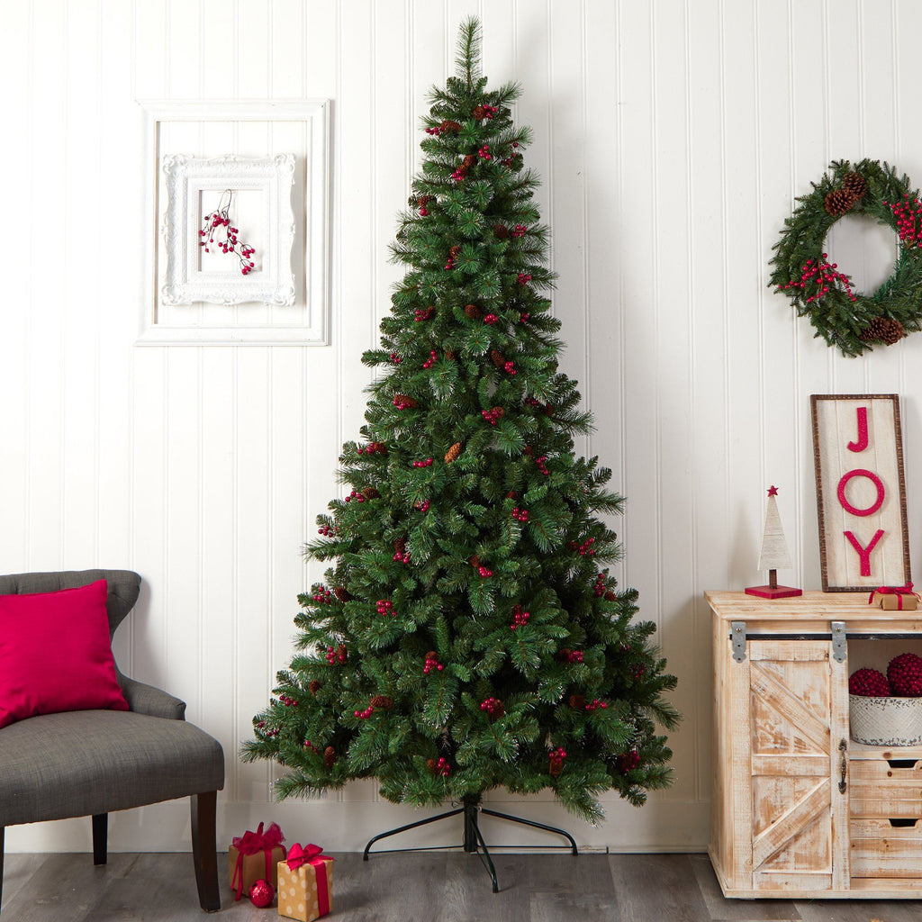 8’ Flat Back Montreal Mountain Artificial Christmas Tree with Pine Cones and Berries