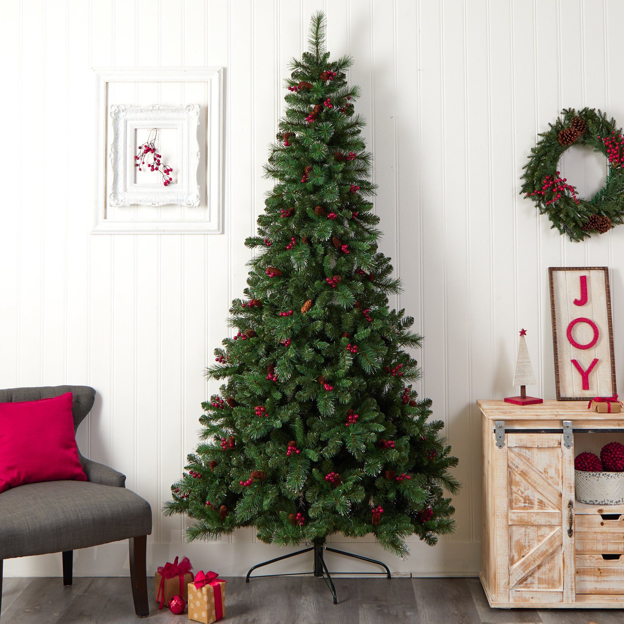 8’ Flat Back Montreal Mountain Artificial Christmas Tree with Pine Cones and Berries