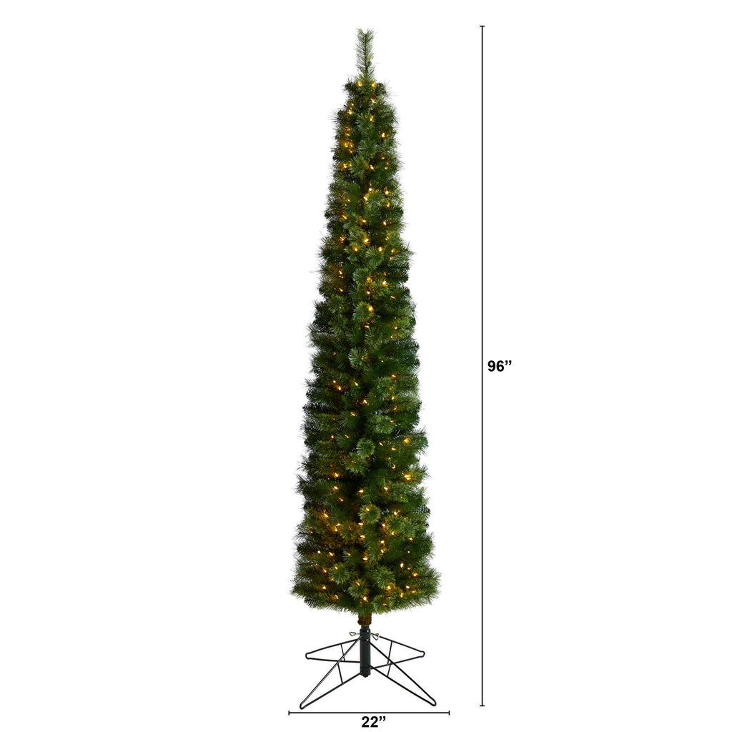 8' Green Pencil Christmas Tree with 200 Clear (Multifunction) LED Lights and 402 Bendable Branches