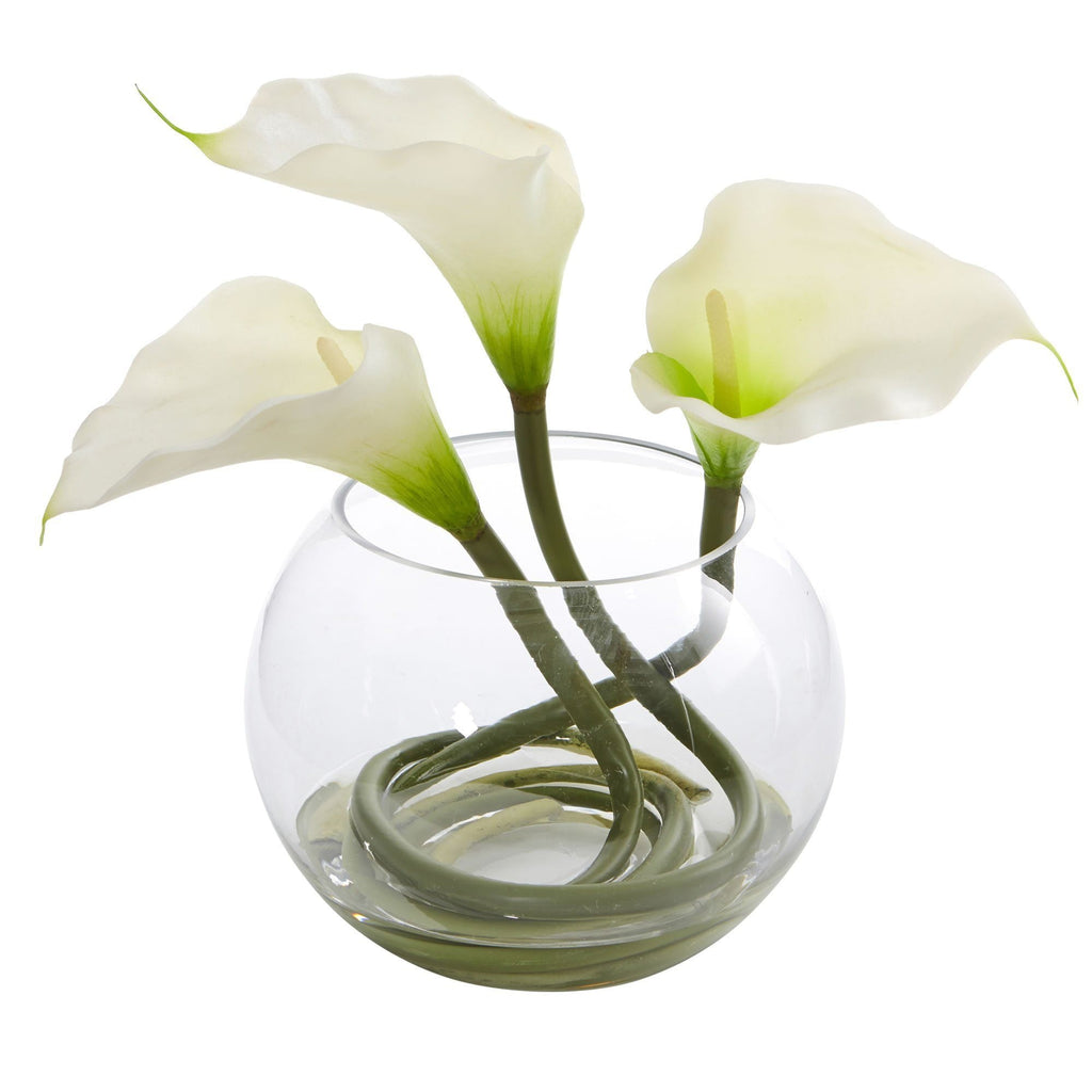 9’’ Calla Lily Artificial Arrangement in Rounded Glass Vase