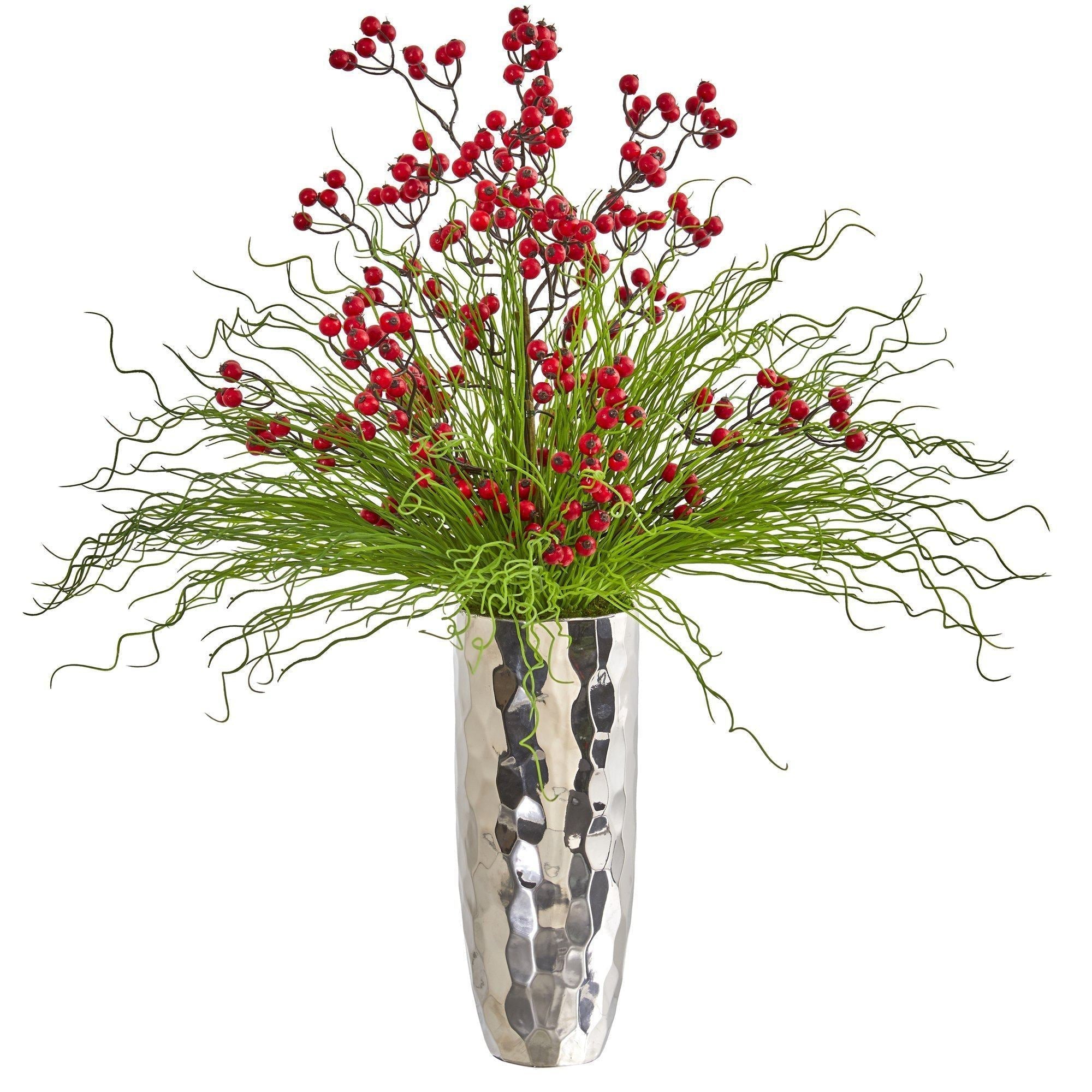Berry and Grass Artificial Arrangement in Silver Vase