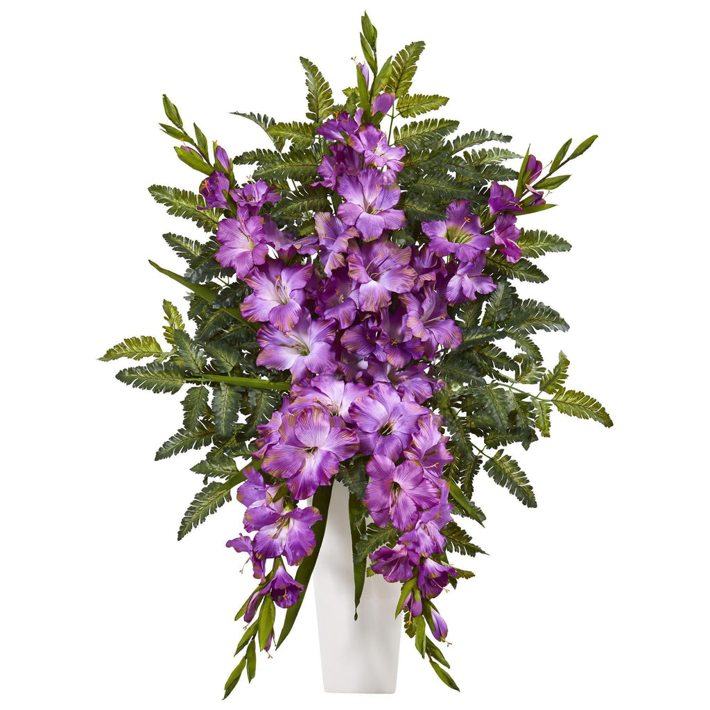 Gladiolas & Fern Artificial Arrangement in White Vase