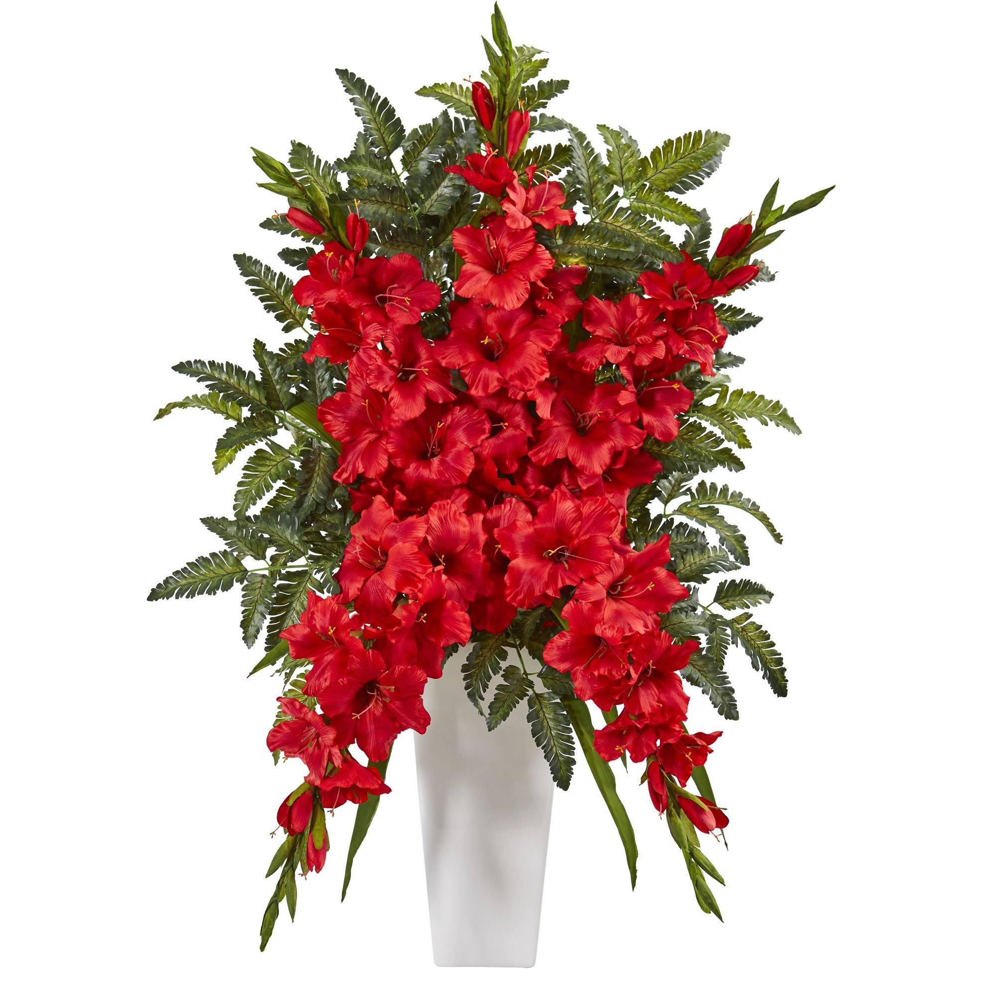 Gladiolas & Fern Artificial Arrangement in White Vase