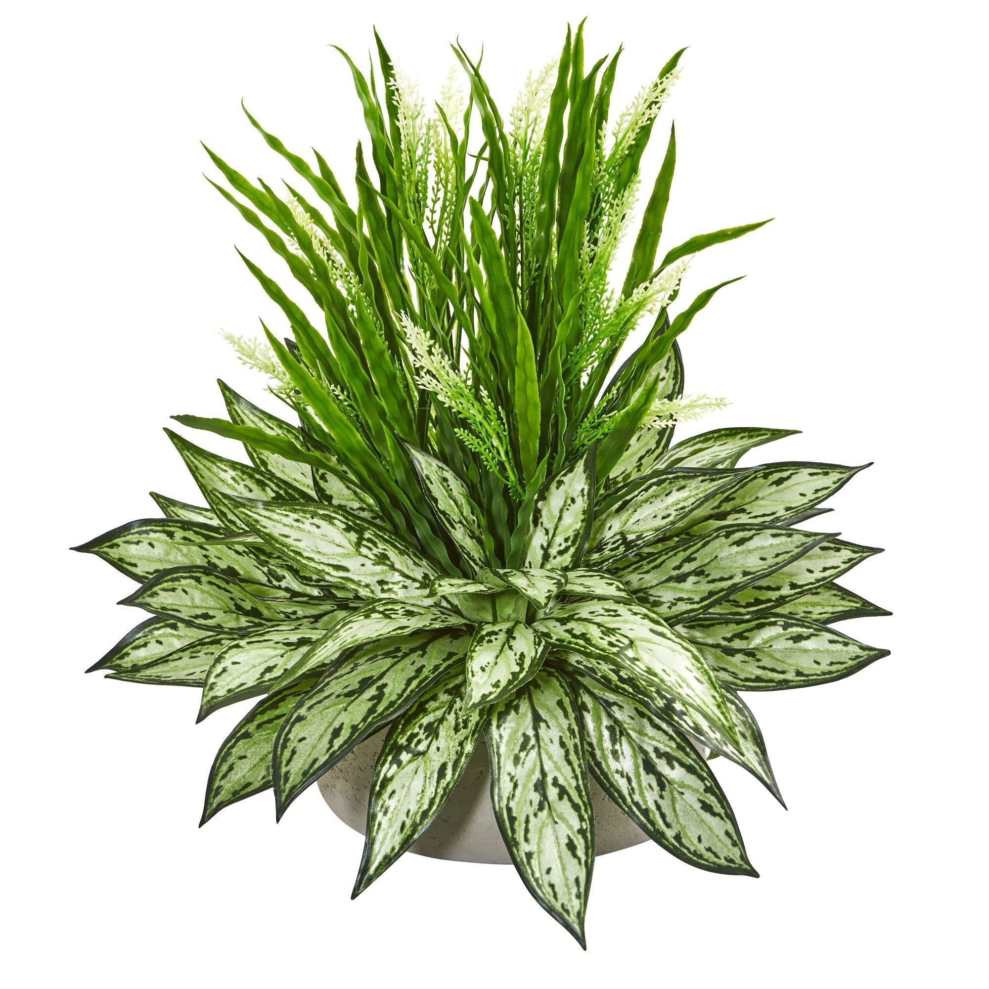 Silver Queen and Grass Artificial Plant in Stone Planter