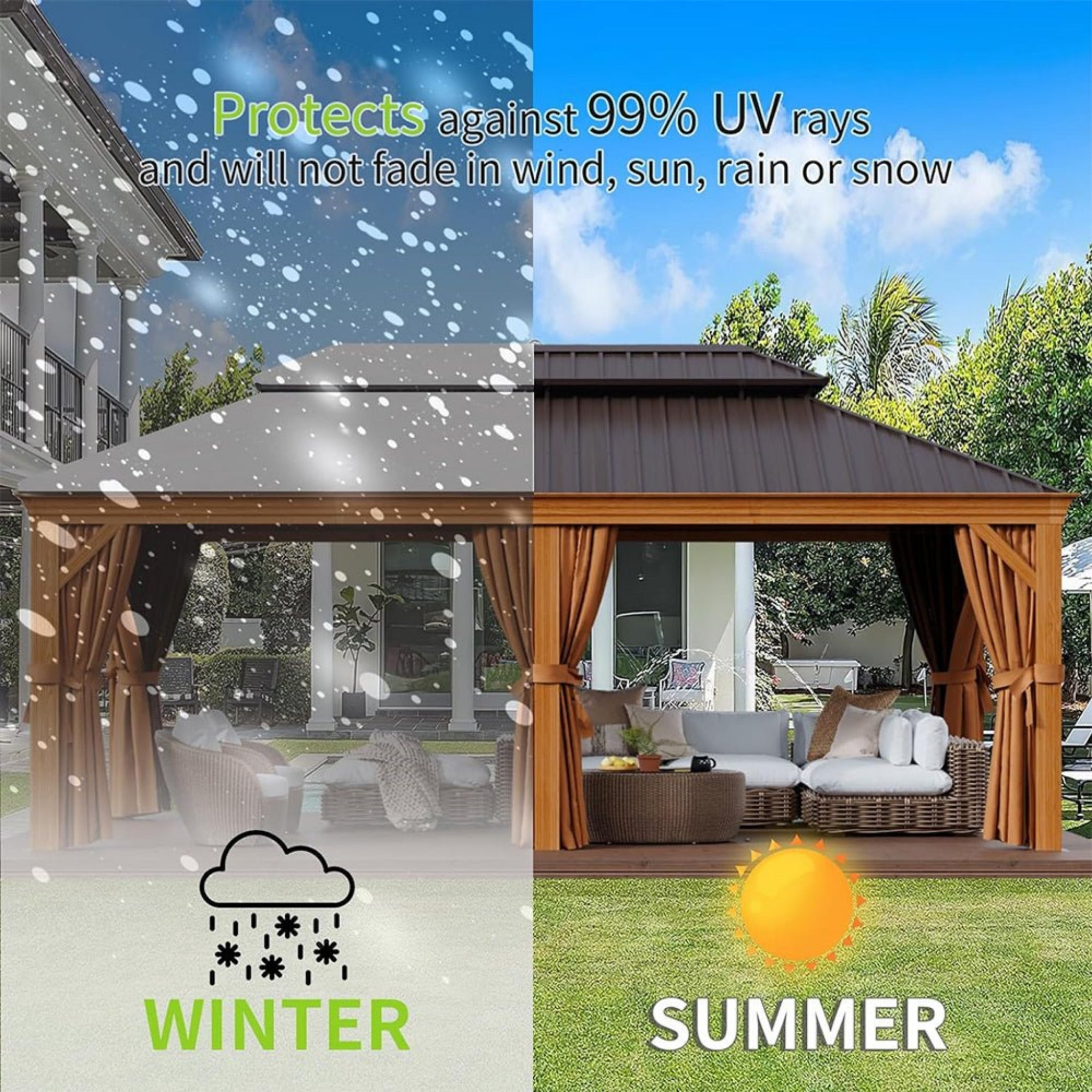 [12x20FT] AXN Premium Large Aluminum Hardtop Gazebo W/ Netting, Privacy Curtains And Wood Grain Finish (SAK58374)