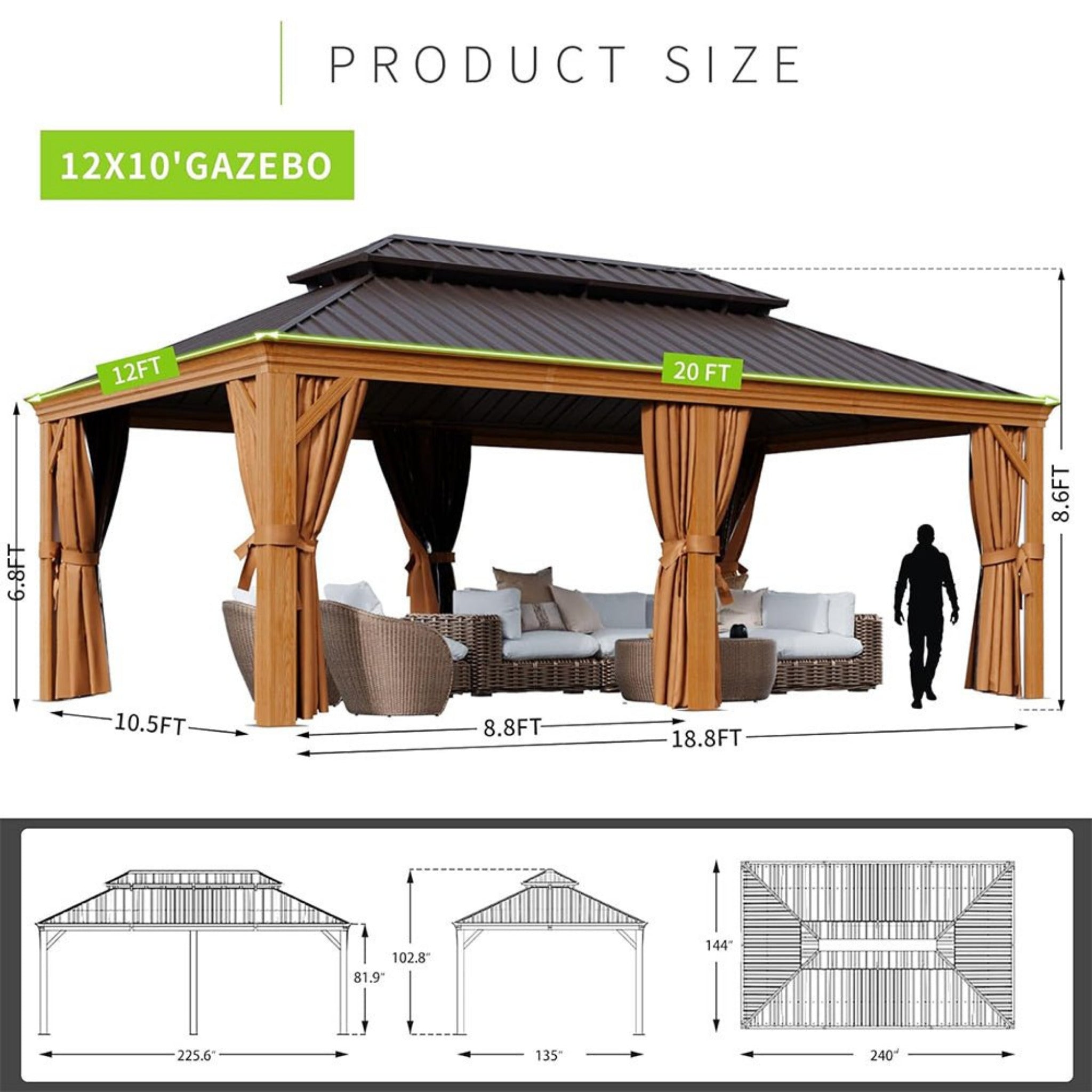 [12x20FT] AXN Premium Large Aluminum Hardtop Gazebo W/ Netting, Privacy Curtains And Wood Grain Finish (SAK58374)