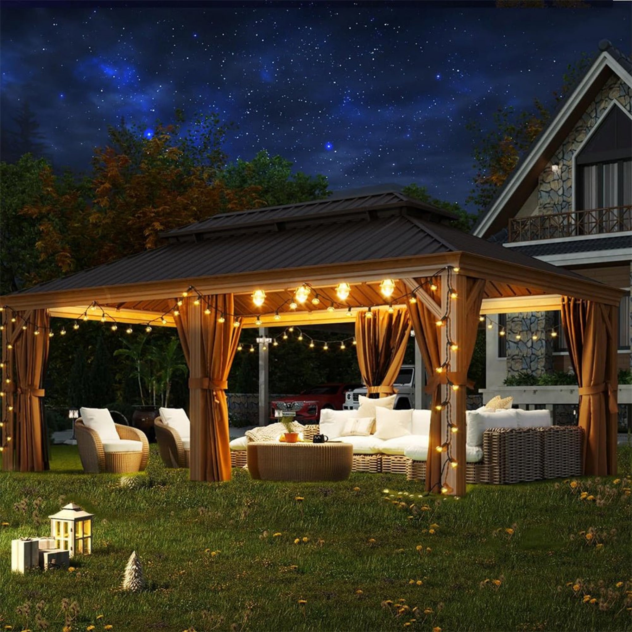 [12x20FT] AXN Premium Large Aluminum Hardtop Gazebo W/ Netting, Privacy Curtains And Wood Grain Finish (SAK58374)