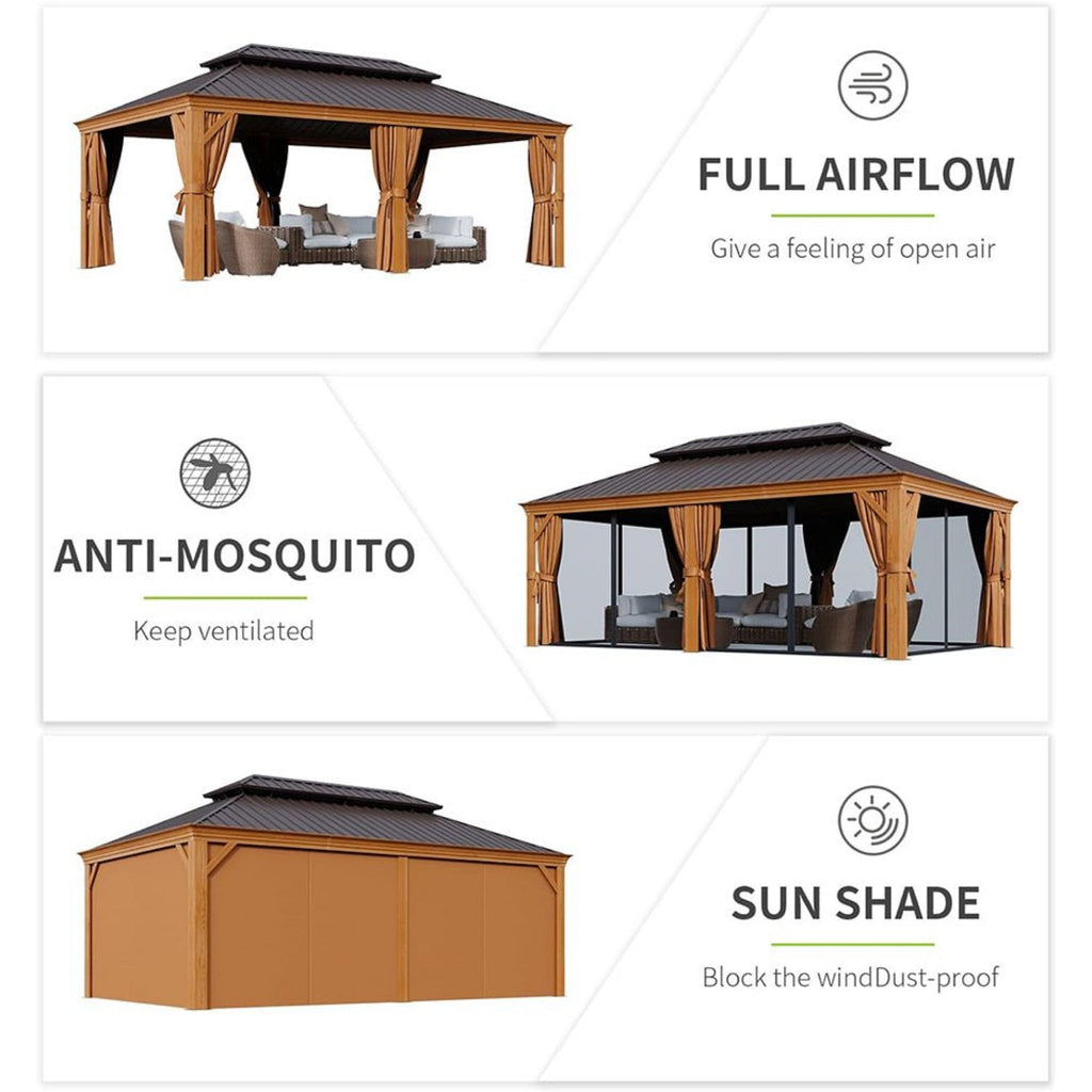 [12x20FT] AXN Premium Large Aluminum Hardtop Gazebo W/ Netting, Privacy Curtains And Wood Grain Finish (SAK58374)