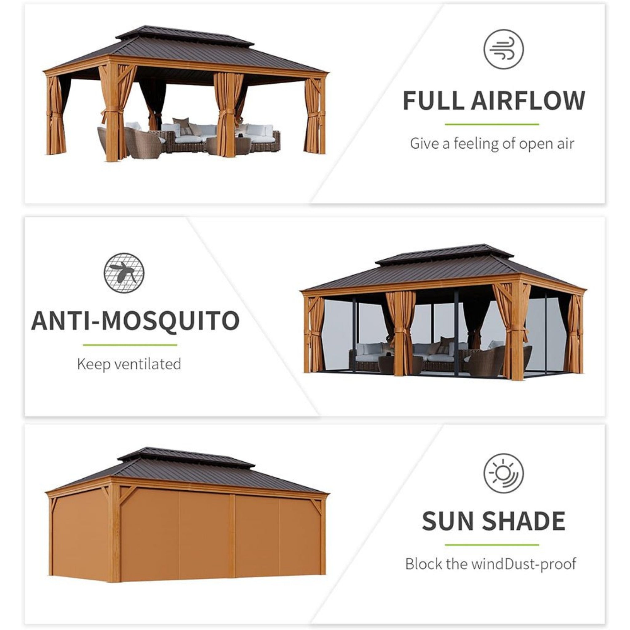 [12x20FT] AXN Premium Large Aluminum Hardtop Gazebo W/ Netting, Privacy Curtains And Wood Grain Finish (SAK58374)