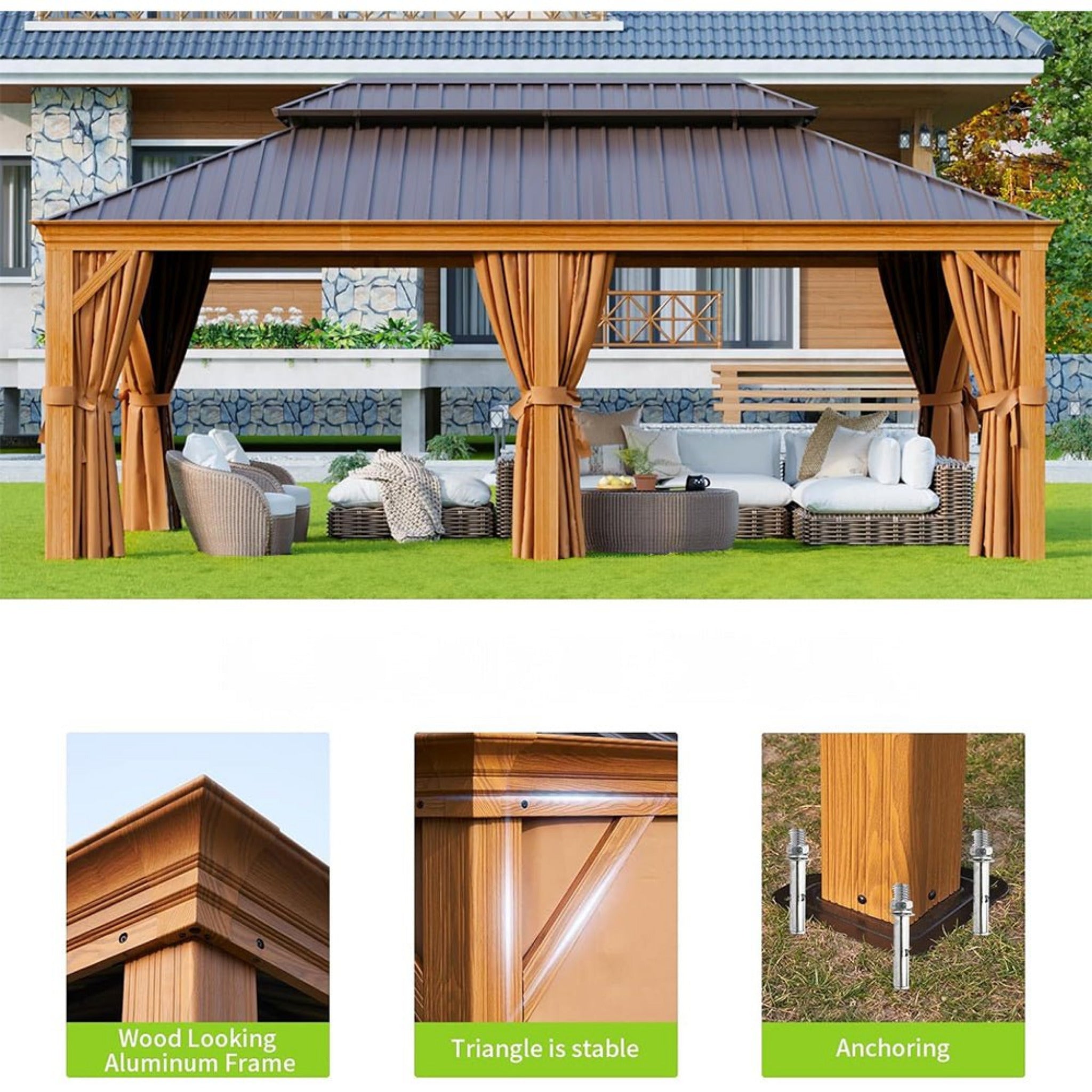 [12x20FT] AXN Premium Large Aluminum Hardtop Gazebo W/ Netting, Privacy Curtains And Wood Grain Finish (SAK58374)