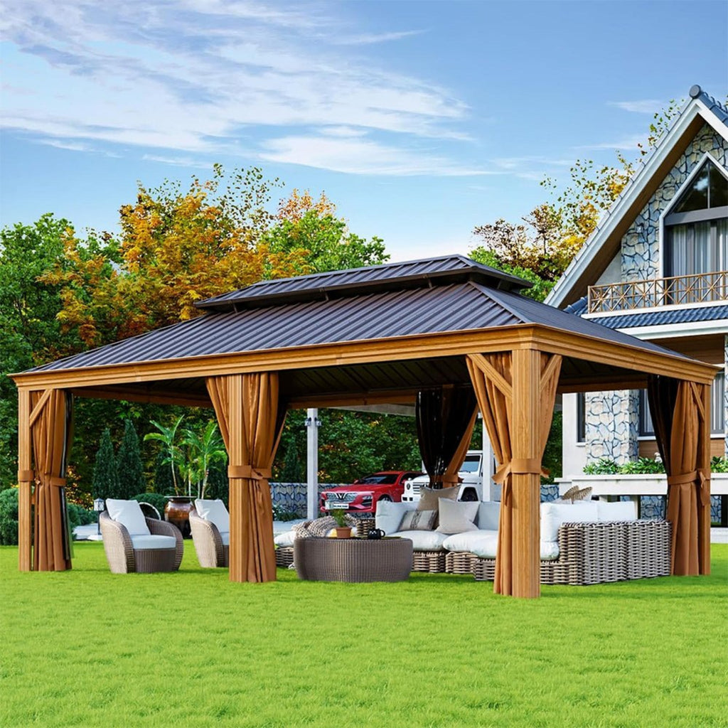 [12x20FT] AXN Premium Large Aluminum Hardtop Gazebo W/ Netting, Privacy Curtains And Wood Grain Finish (SAK58374)