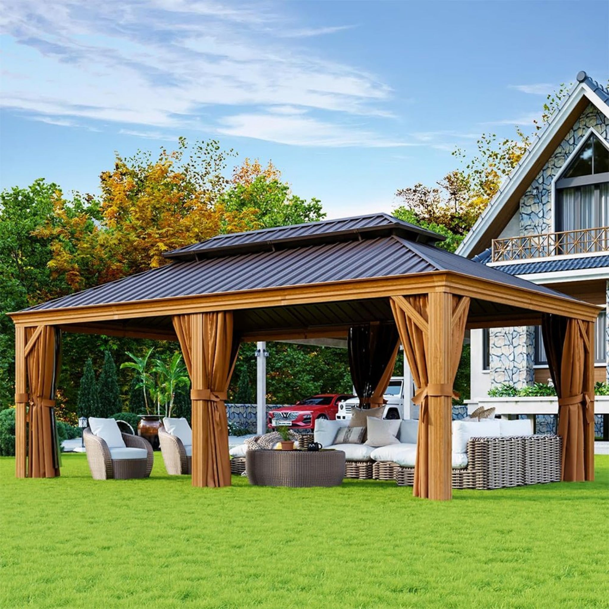 [12x20FT] AXN Premium Large Aluminum Hardtop Gazebo W/ Netting, Privacy Curtains And Wood Grain Finish (SAK58374)