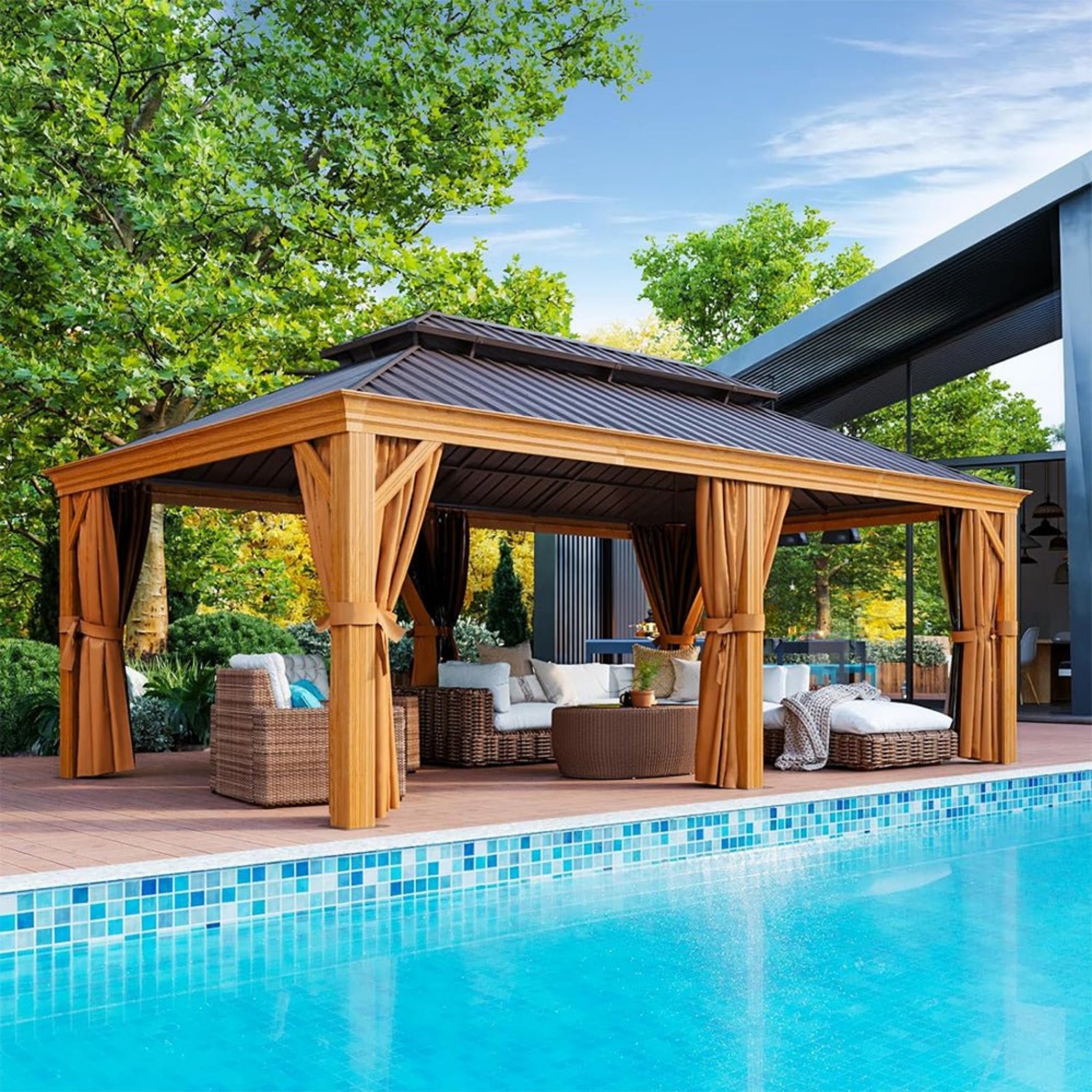 [12x20FT] AXN Premium Large Aluminum Hardtop Gazebo W/ Netting, Privacy Curtains And Wood Grain Finish (SAK58374)