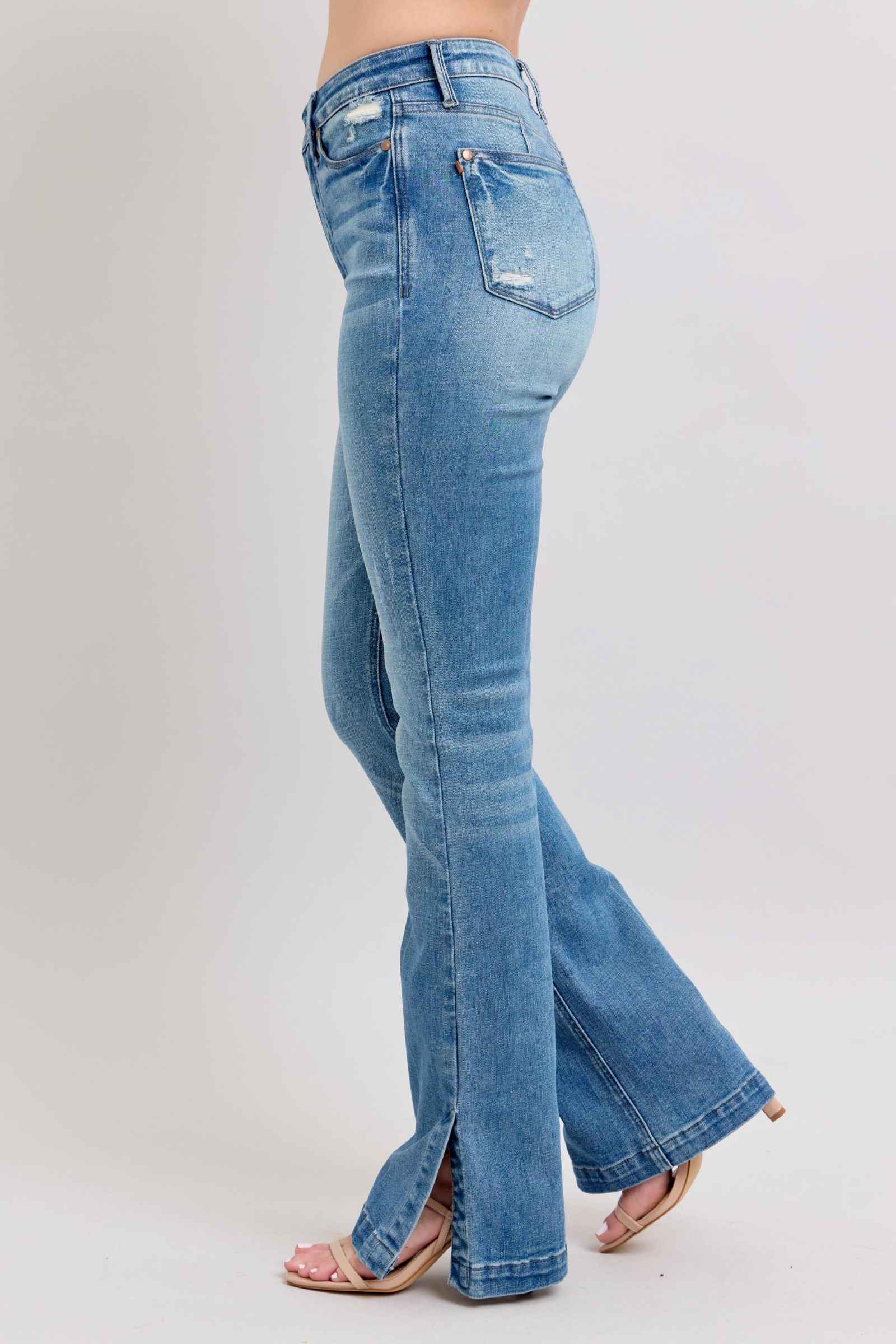 Judy Blue Tummy Control Bootcut Jeans with Vintage Wash and Side Slit Women's Jeans