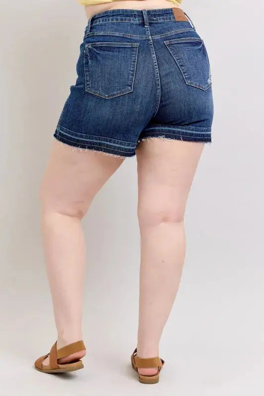 Judy Blue Jeans - Plus Size High Waist Tummy Control Destroy Release Hem Denim Shorts