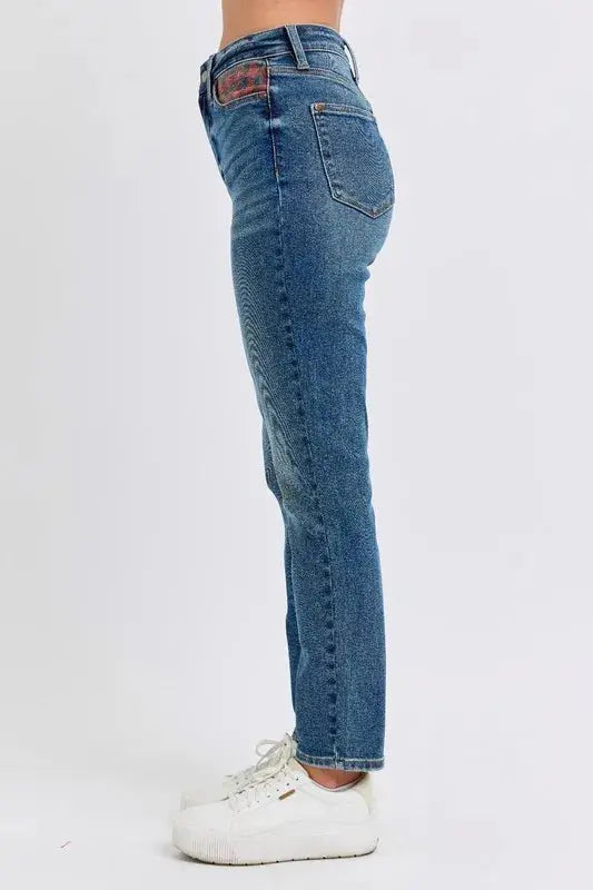 Plus Size High Waist Plaid Patch Slim Fit Judy Blue Jeans