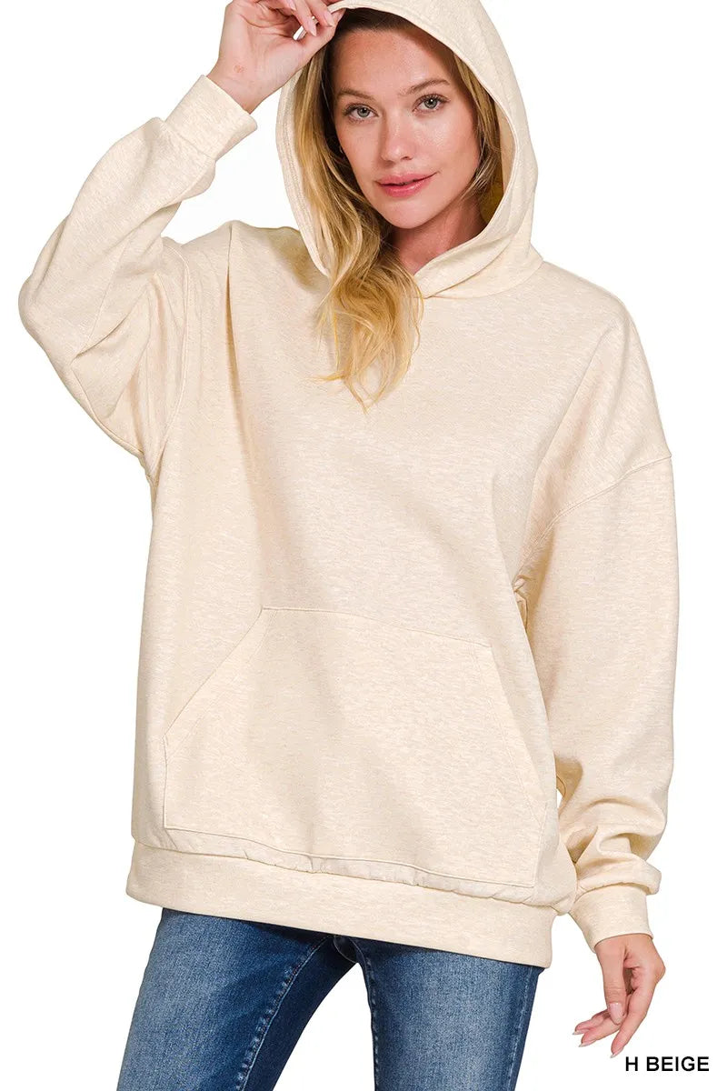 Zenana Oversized Scuba Hoodie with Kangaroo Pocket in Beige