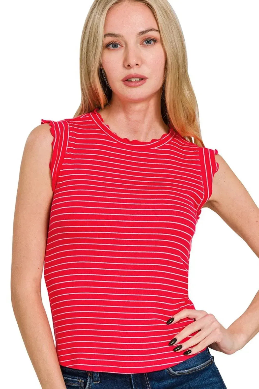 Zenana Ruby Ribbed Ruffle Trim Striped Sleeveless Tank Top for Women