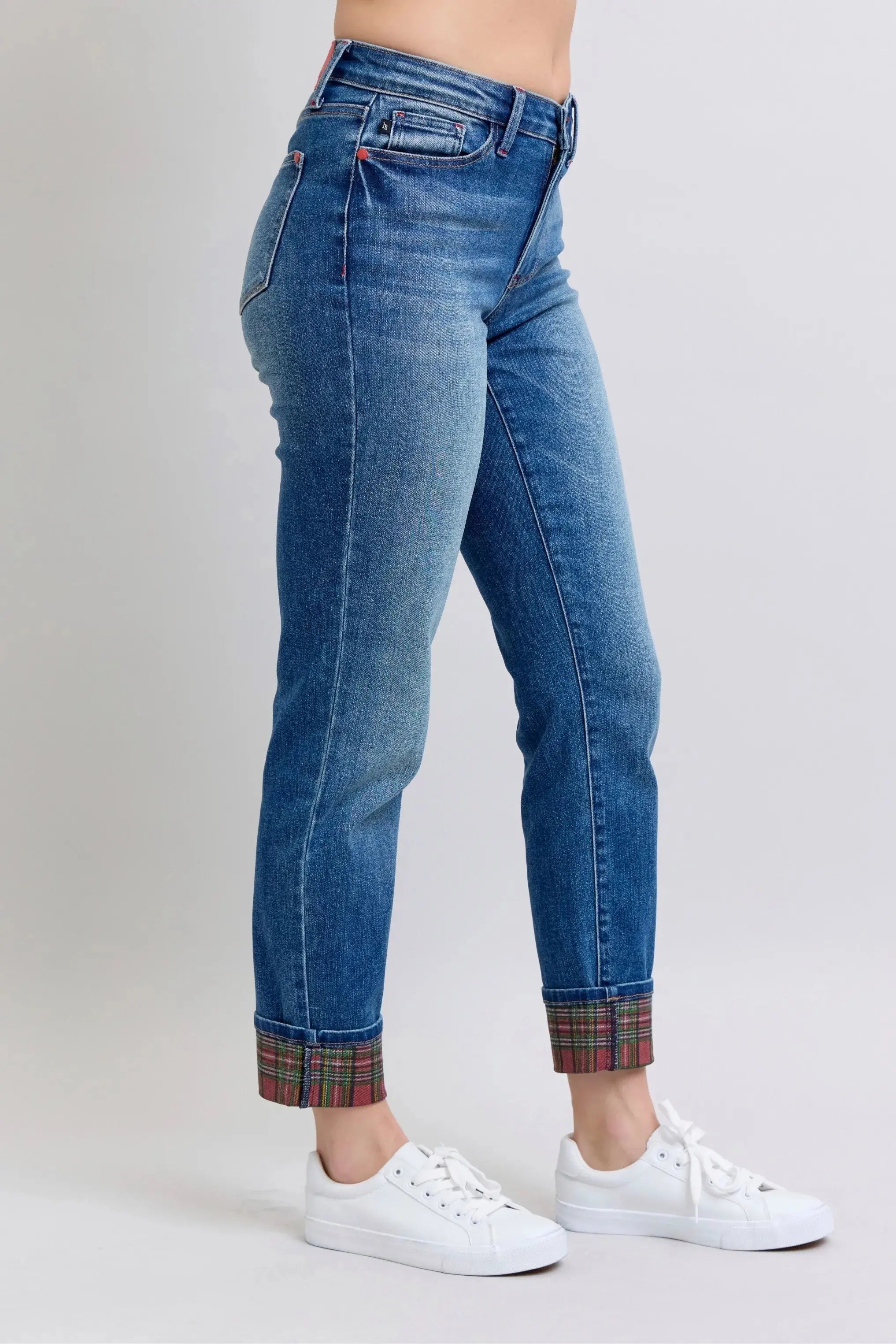 Plaid Cuff Boyfriend Judy Blue Jeans – Mid Rise Straight Leg