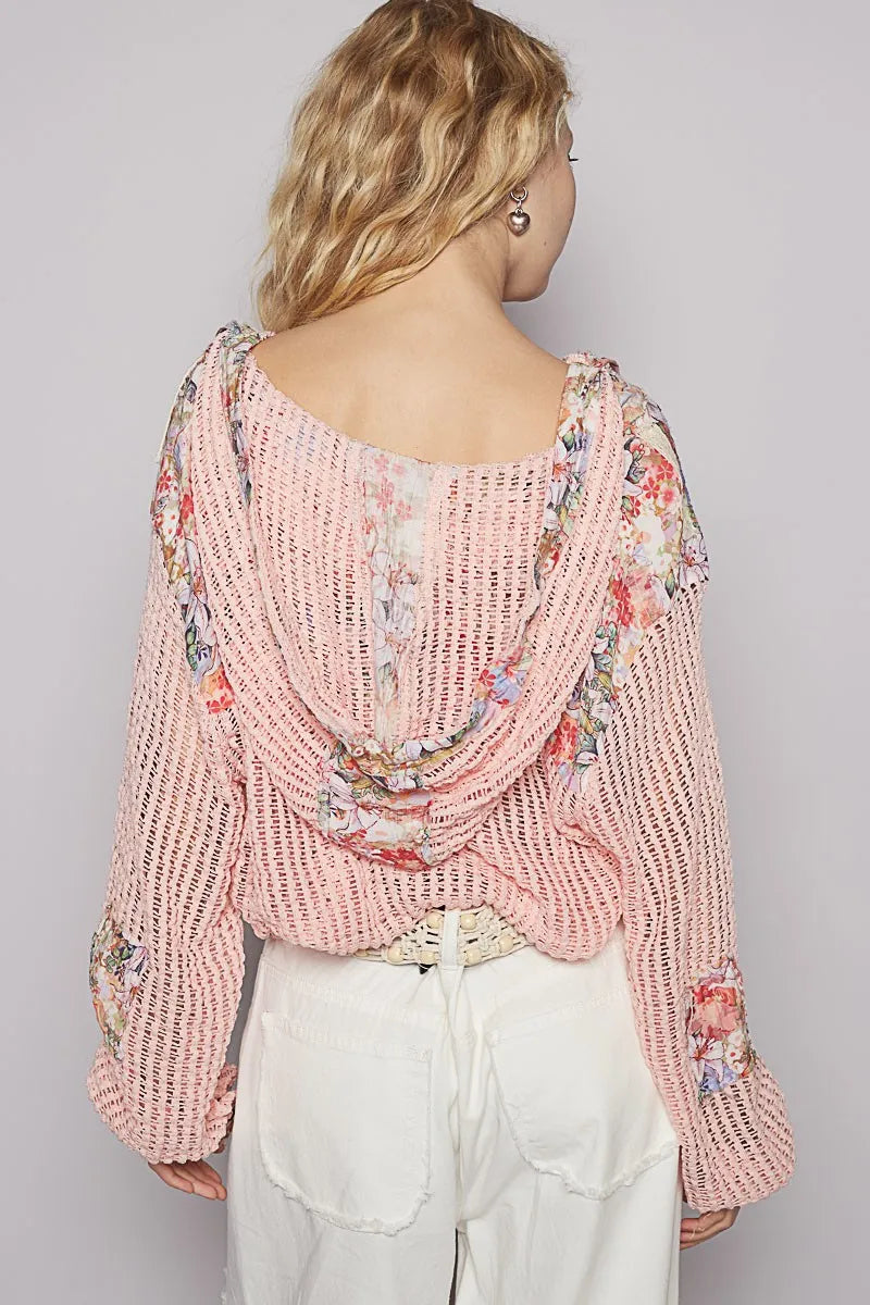 Vintage Washed Crochet Hoodie Jacket With Patchwork