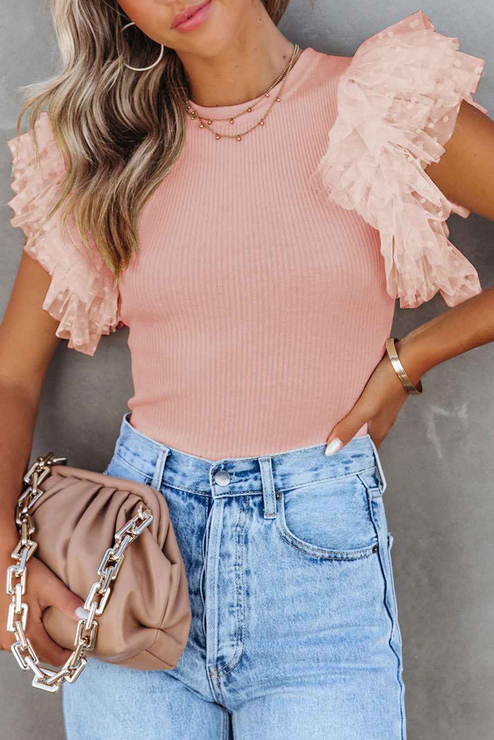 Pink Ruffle Knit Blouse - Casual Dotty Layered Ruffle Ribbed Knit Women's Top