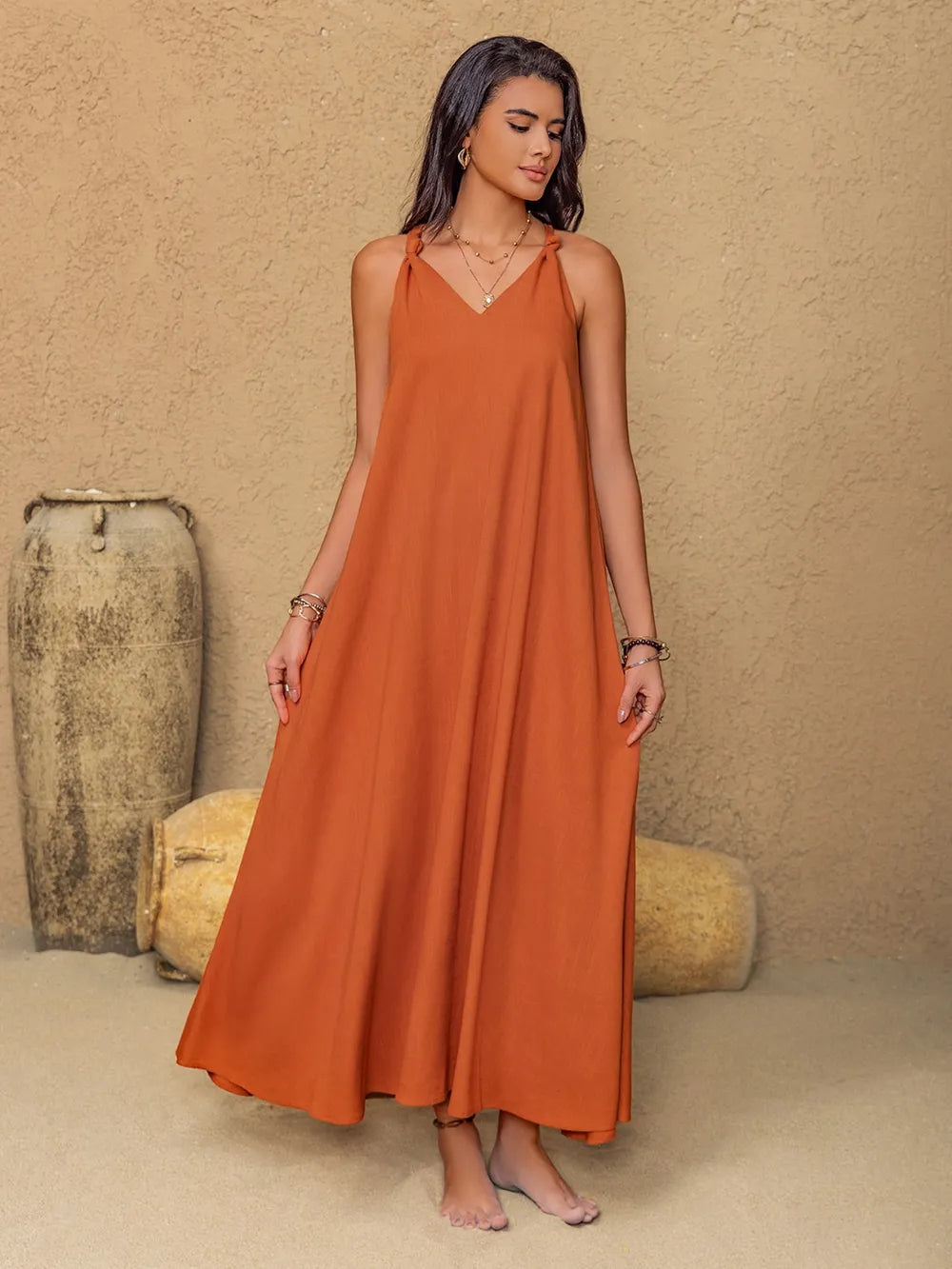 Ruched Twisted Back Sleeveless Maxi Cami Dress