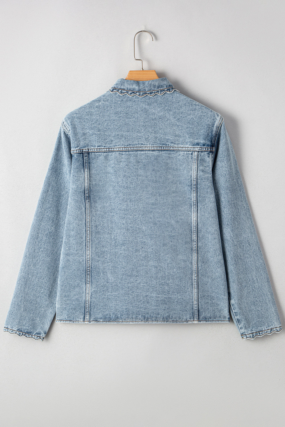 Solid Denim Scallop Collar Patch Pocket Buttoned Jacket