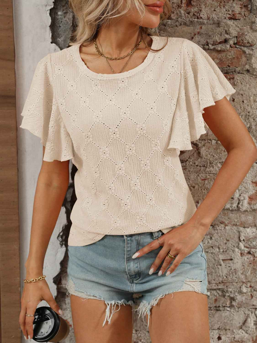 Eyelet Flutter Sleeve Top - Round Neck & Stylish Women's Top