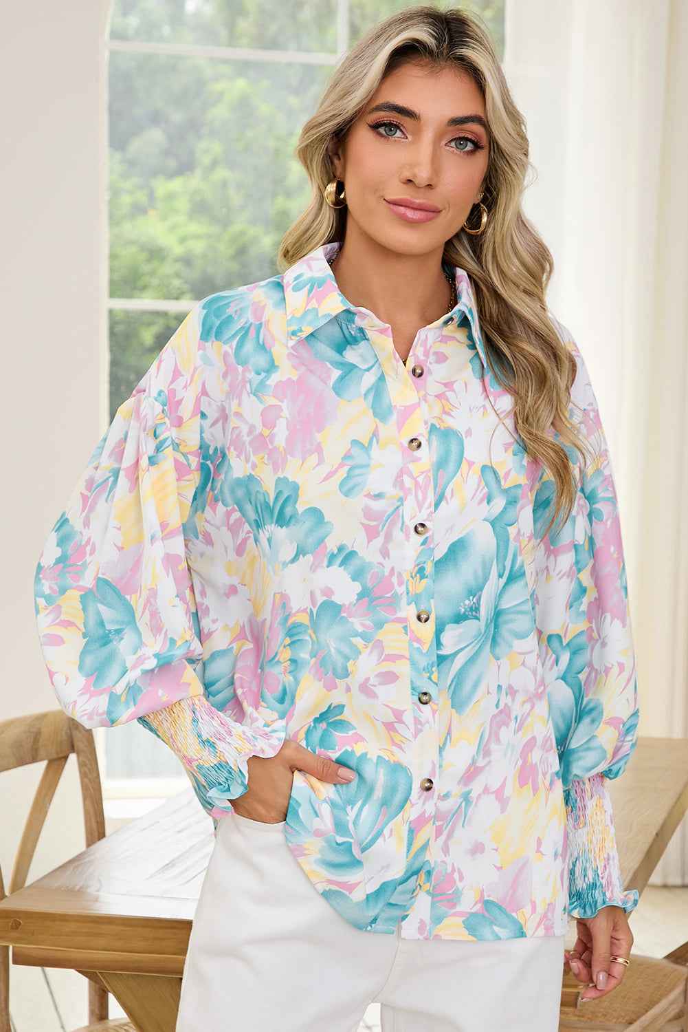 Yellow Floral Oversized Shirt with Shirred Cuffs - Women's Blouse