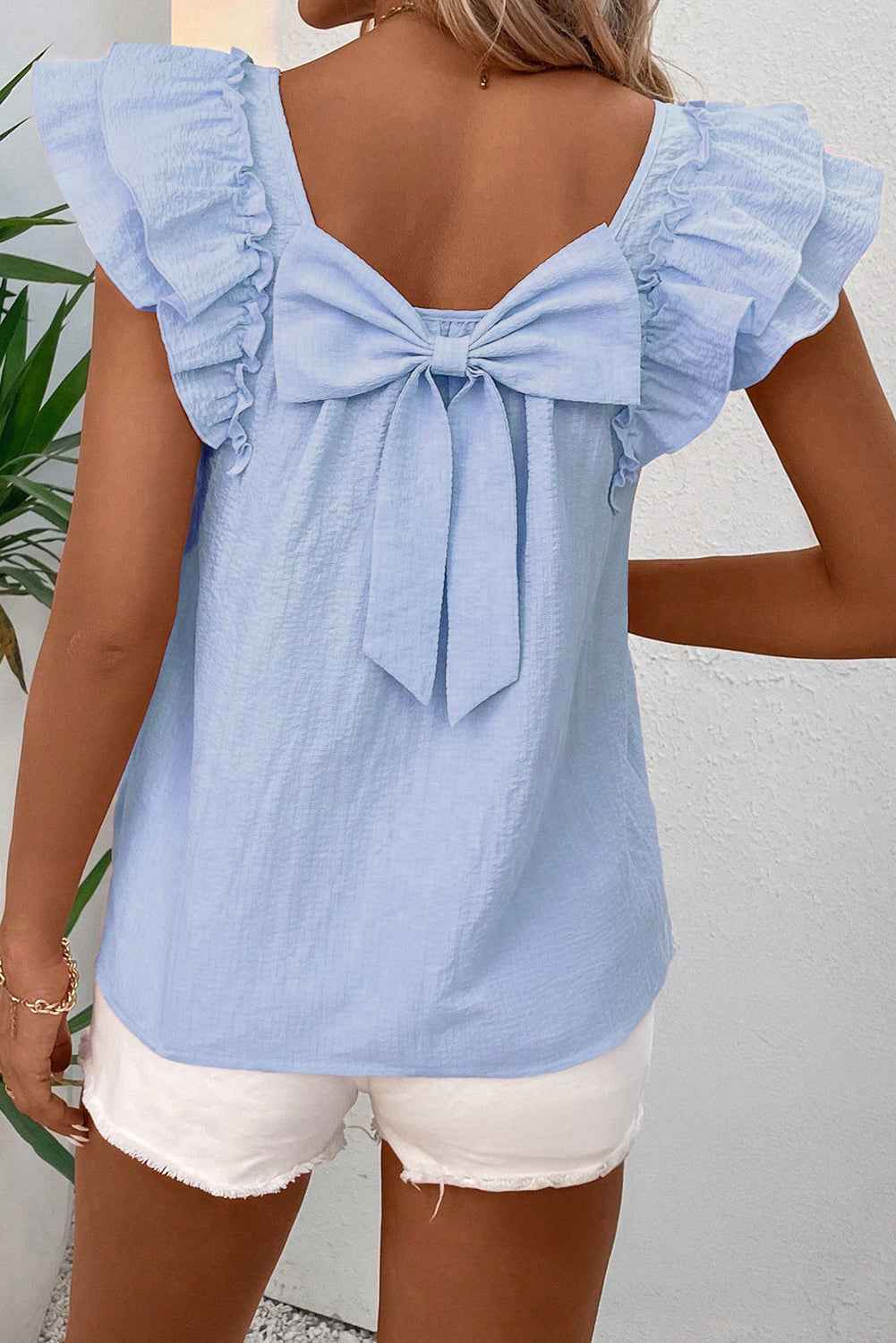 Beige Ruffle Sleeve Blouse with Textured Bow and Frilled Design