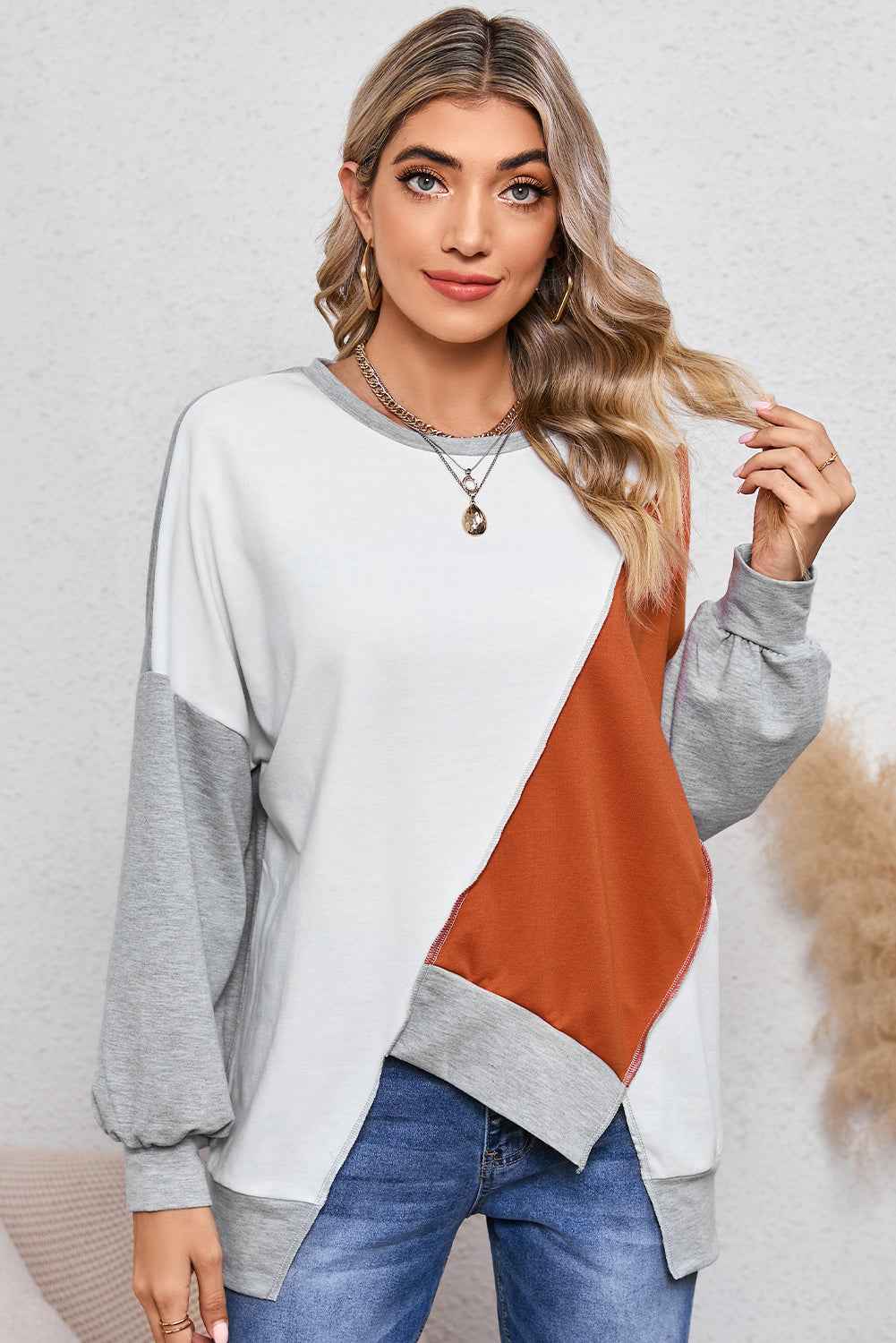Khaki Colorblock Sweatshirt with Irregular Hem and Long Sleeves Women's Top
