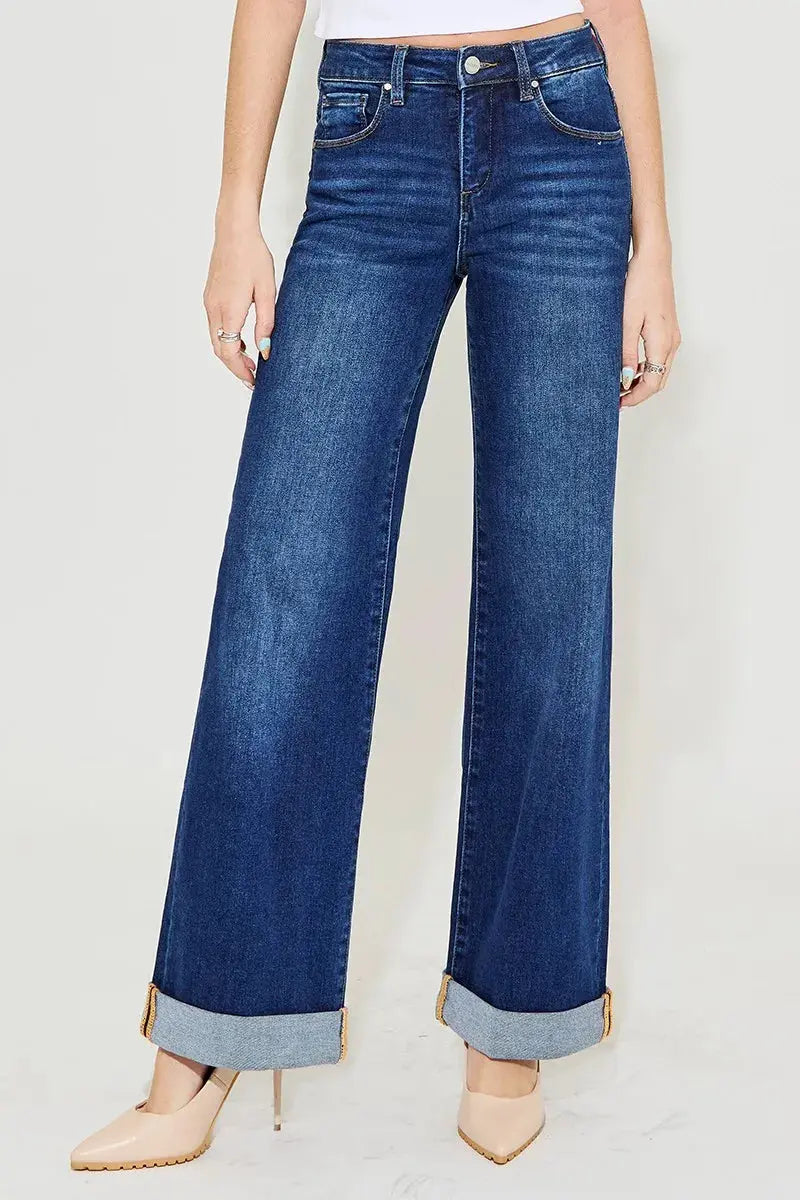 Full Size Tummy Control High Rise Wide Leg Cuffed RISEN Jeans