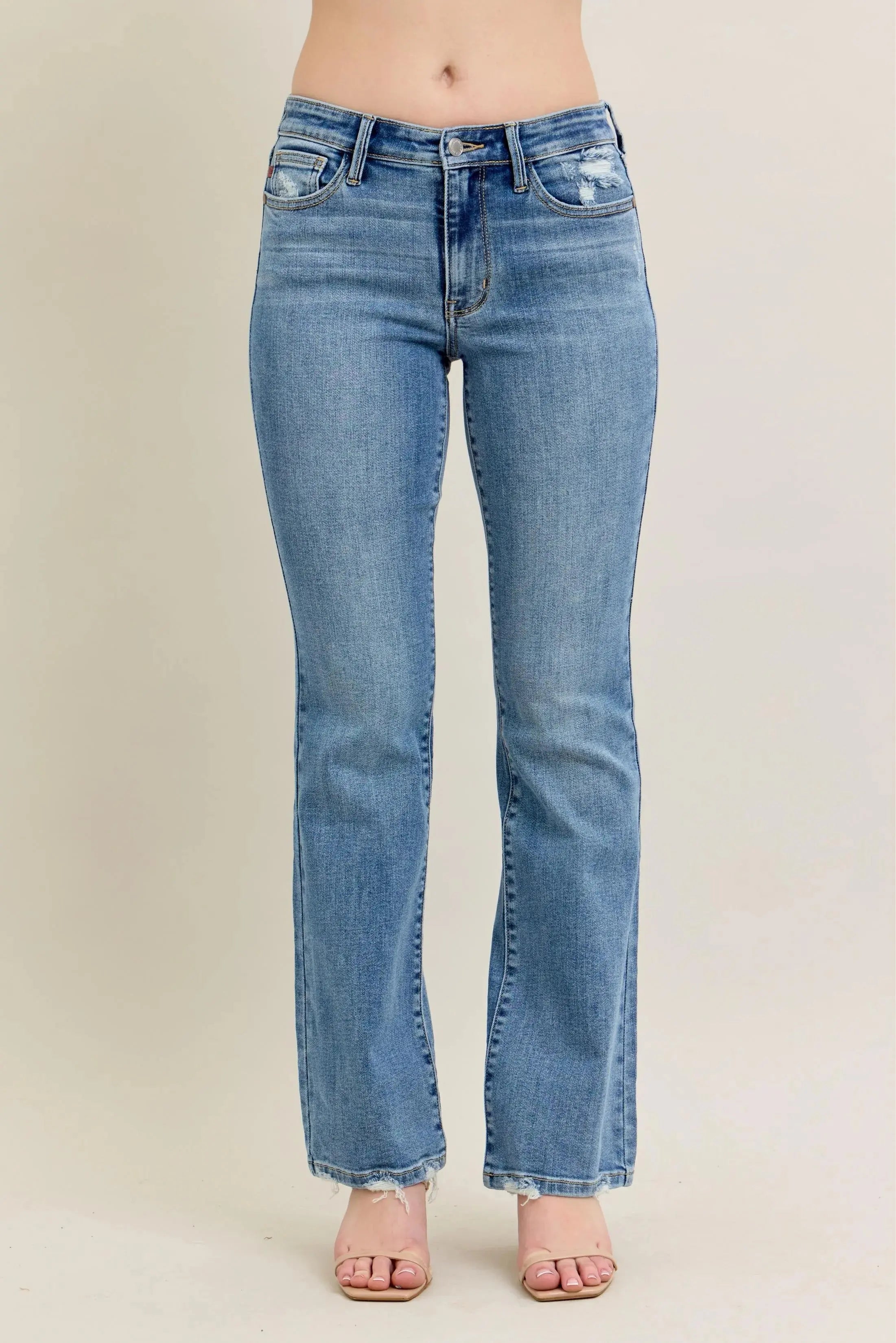 Full Size Mid Rise Wash Destroy Hem Bootcut Judy Blue Jeans