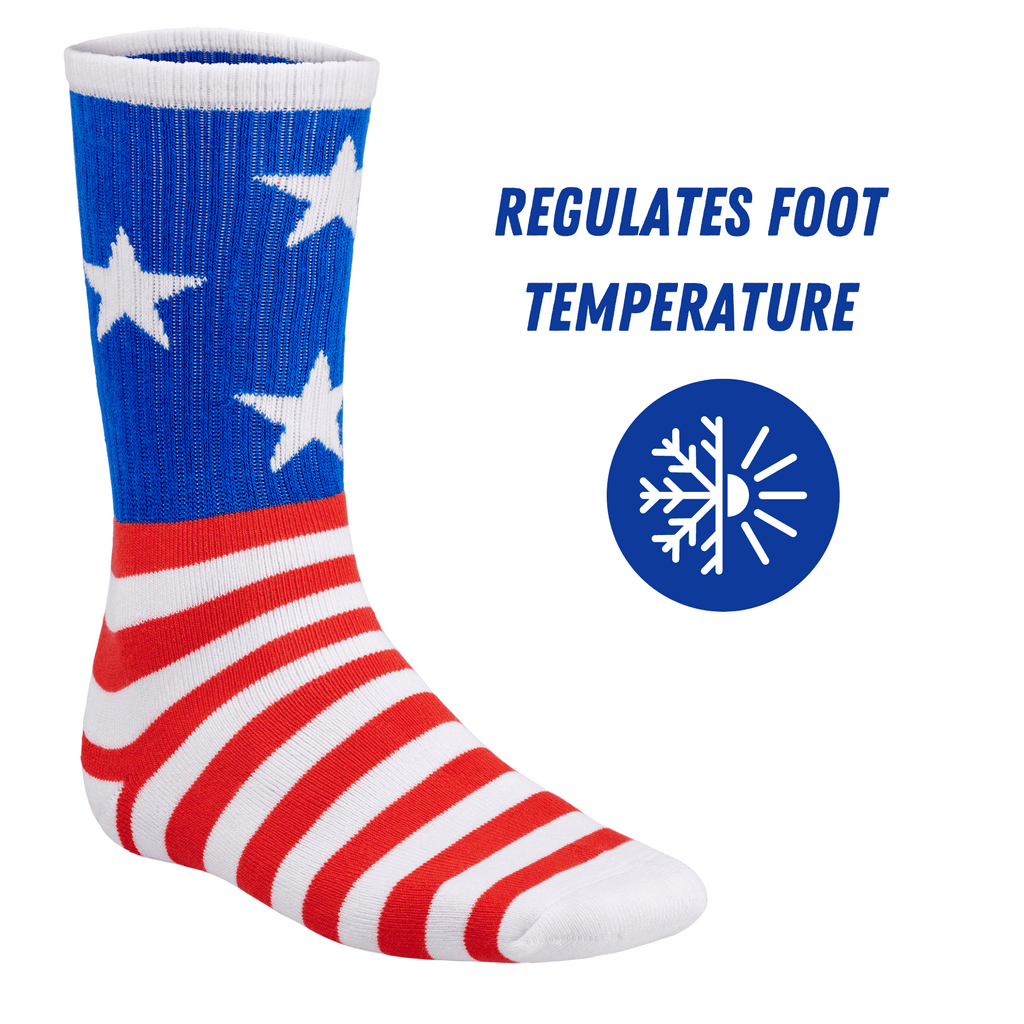 Bamboo Sports Red White and Blue Premium Bamboo Rayon Crew Work Socks- Moisture Wicking, Odor Eliminating Red, White, and Blue American Flag 4th of July Socks for Men and Women Gift Box 3 Pair