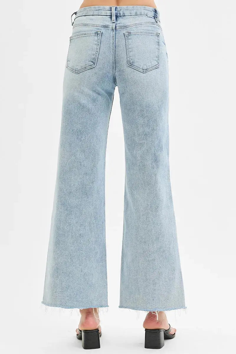 Full Size Tummy Control Low Rise Wide Leg Raw Cut Hem RISEN Jeans
