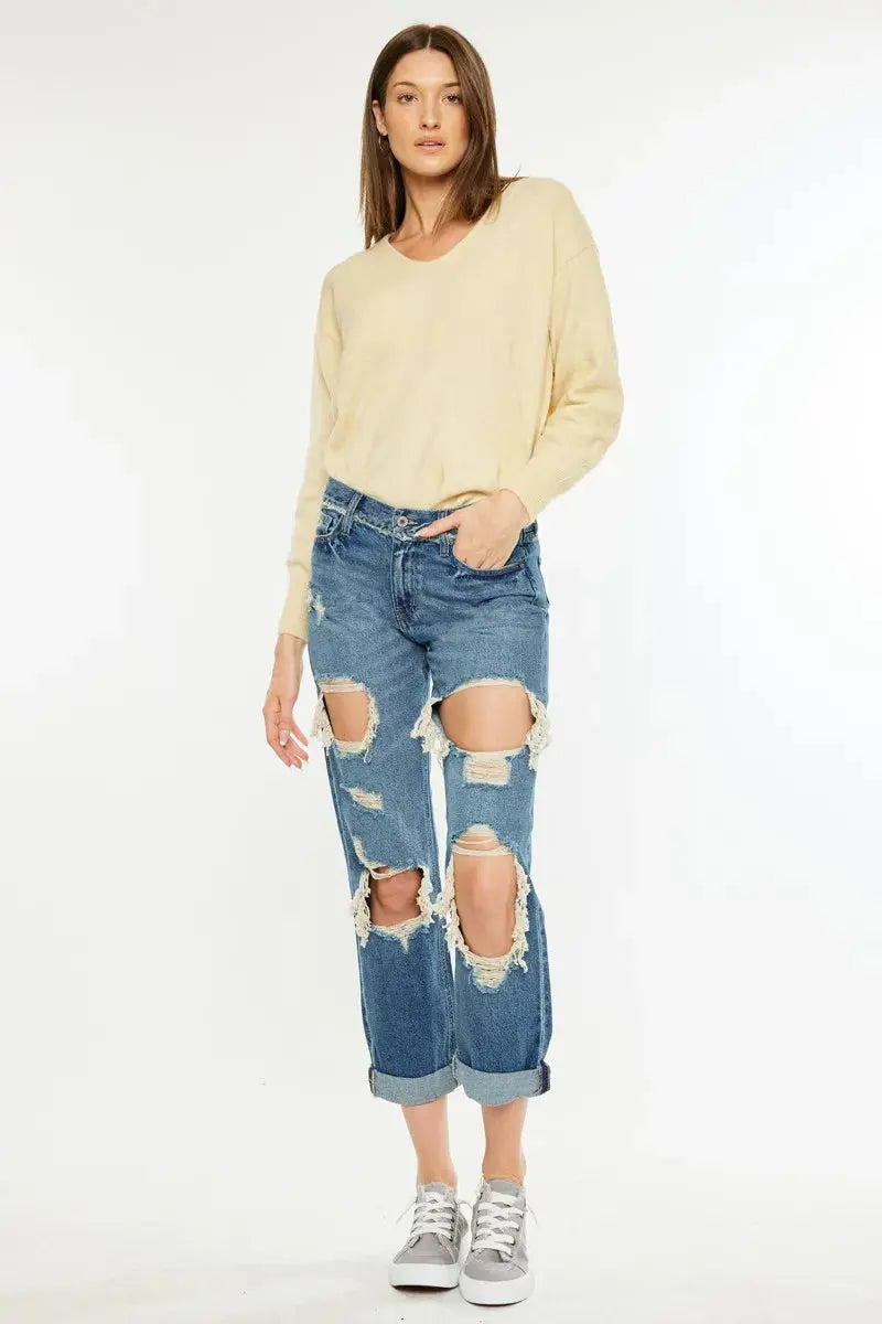 Distressed Mid Rise True Kancan Boyfriend Jeans