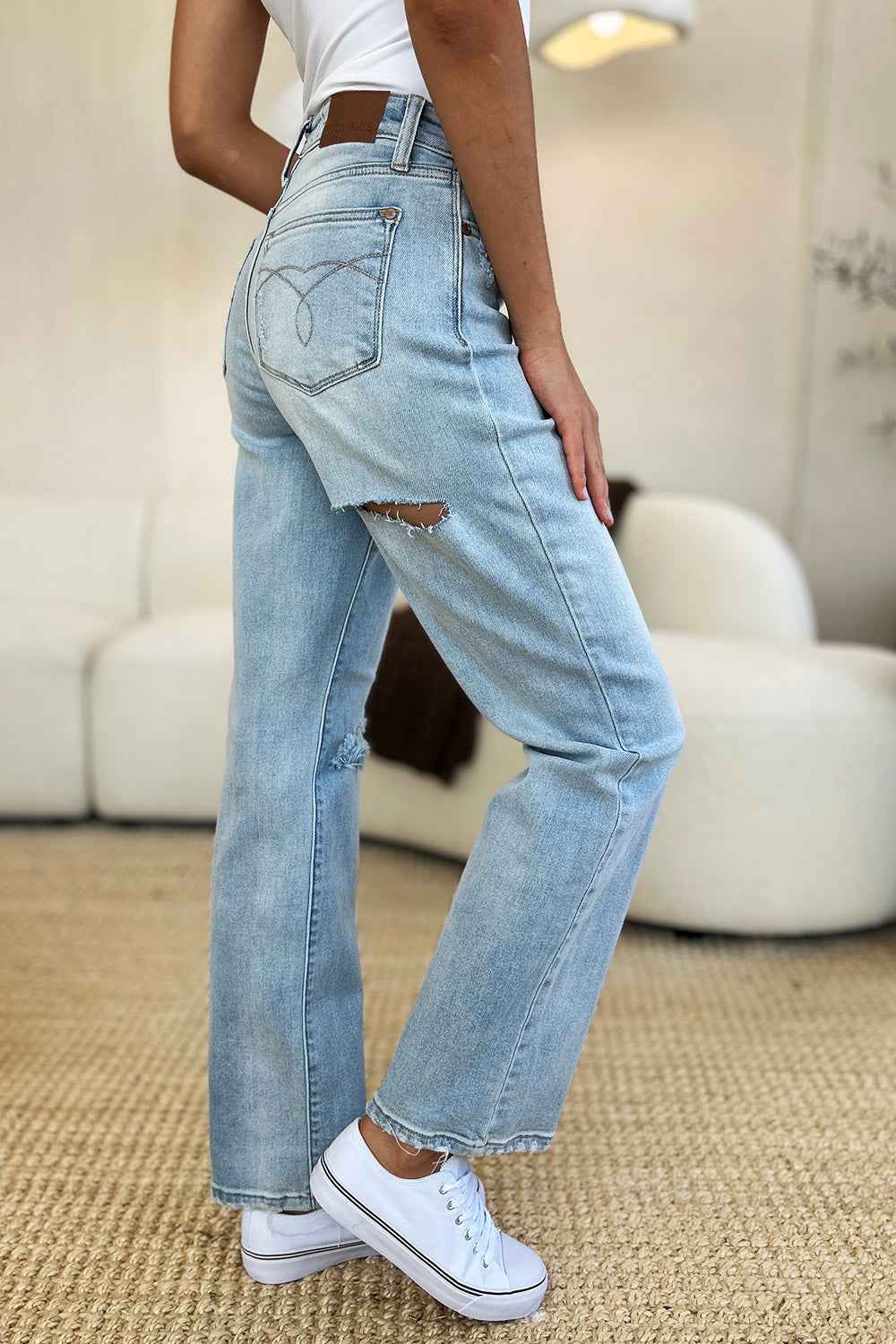 Judy Blue High Waist Distressed Jeans - Women's Jeans Full Size Straight Denim